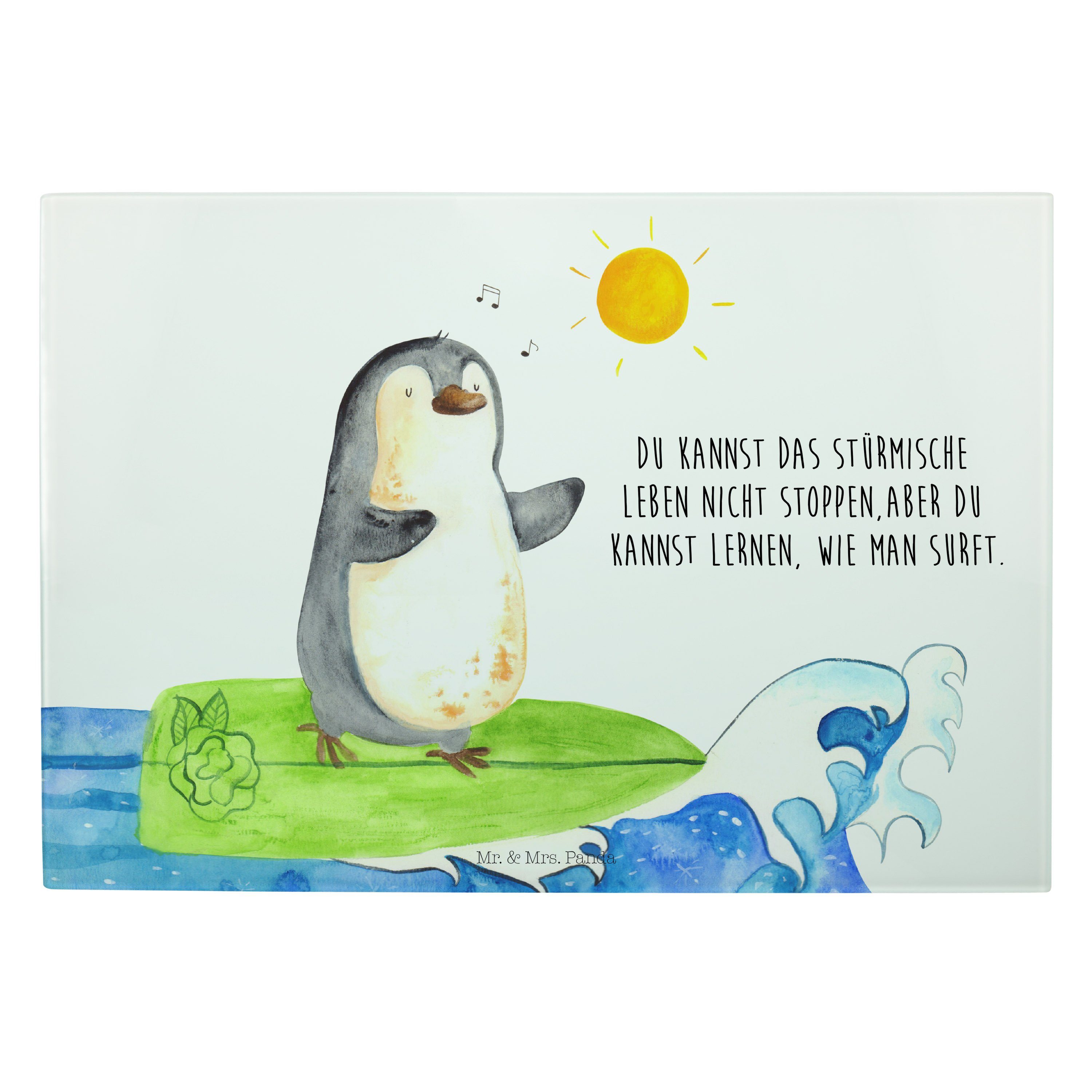 Mr. & Mrs. Panda Servierbrett Pinguin Surfer - Weiß - Geschenk, Glasschneidebrett, Wellen, Küche, H, Premium Glas, (1-St)