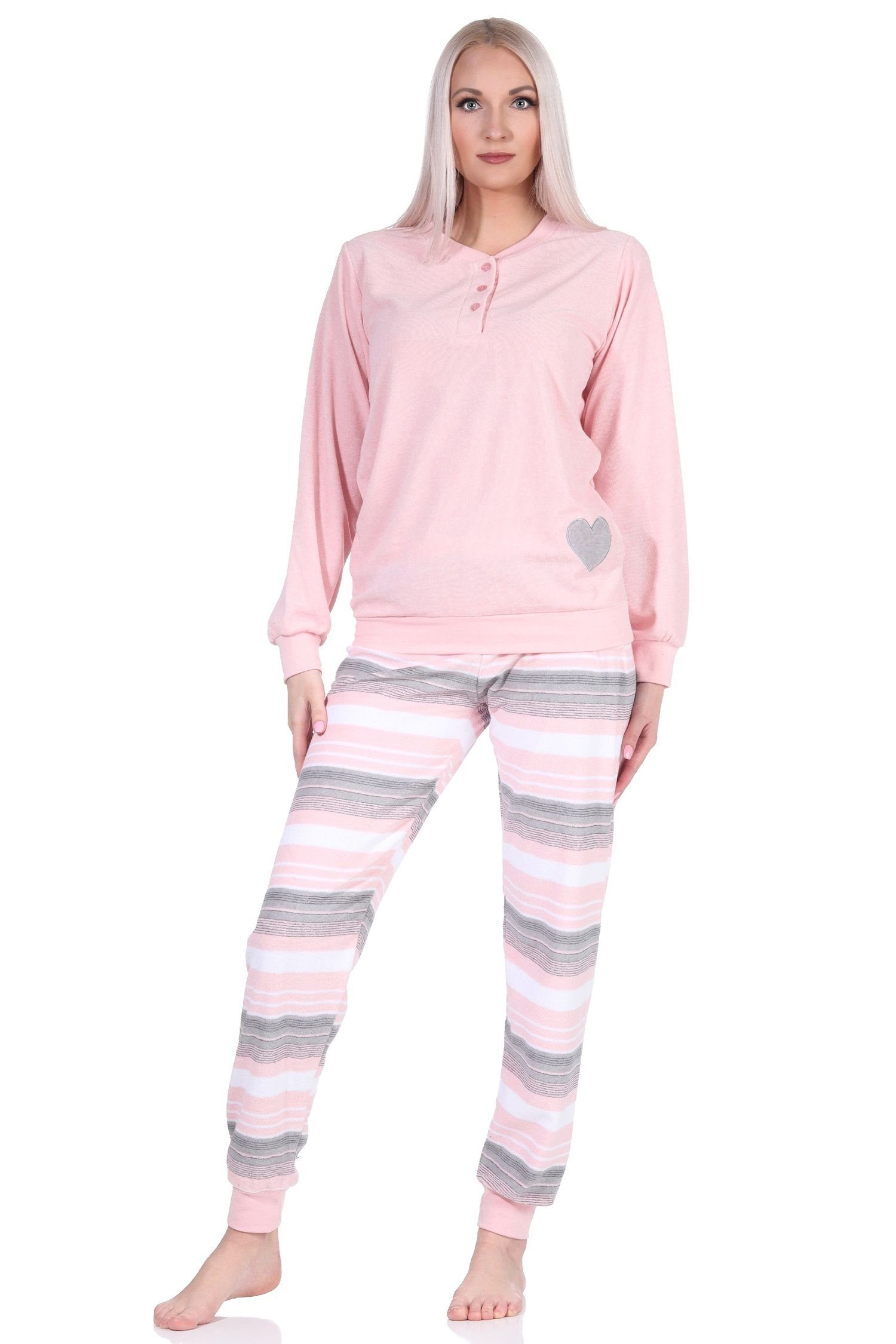 Normann Pyjama Damen Frottee Pyjama mit Bündchen und Herzmotiv und gestreifter Hose rosa