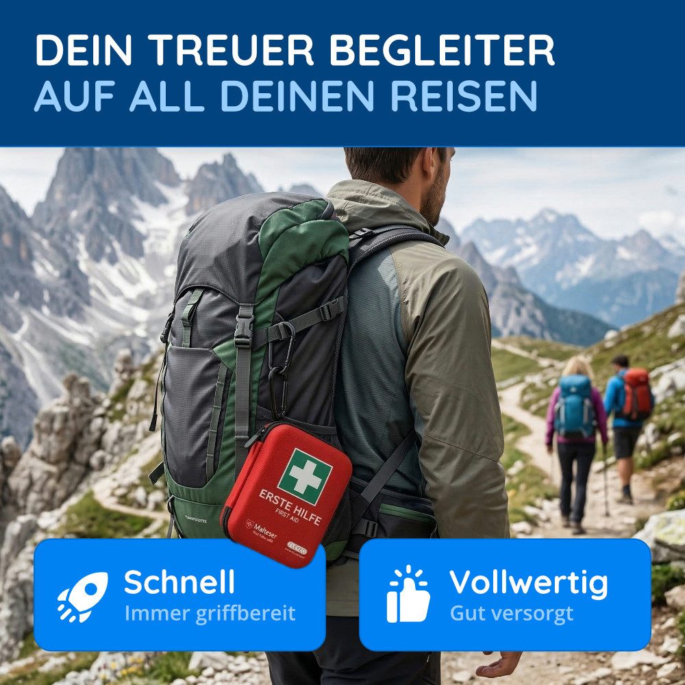 FLEXEO Erste-Hilfe-Set Traveller, (1 St), Kompaktes Notfallset mit Karabinerhaken für Wandern, Fahrrad, Outdoor