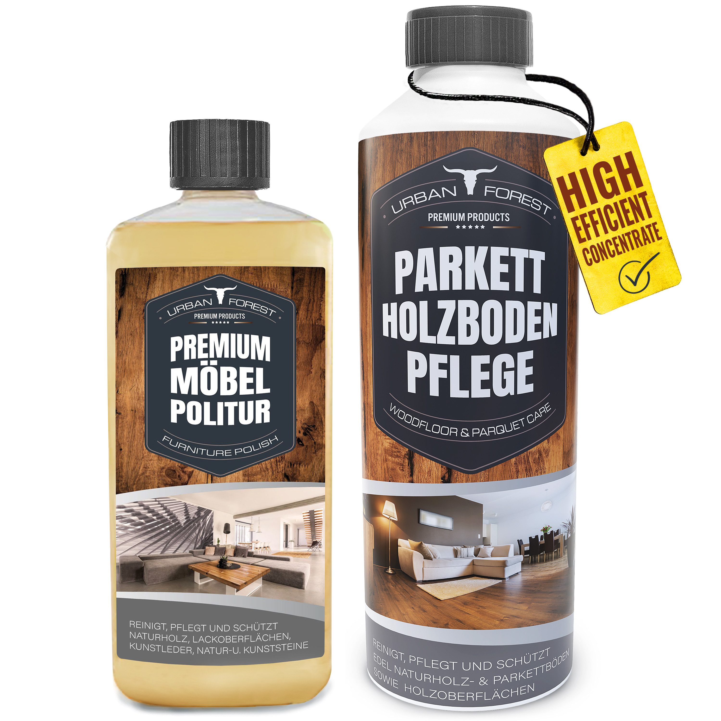 URBAN FOREST Holz Bodenreiniger für Parkett 1L & Holz Bodenpflege 500ml Vinyl- und Designbodenreiniger (2-St. Möbel Politur 500ml + Holzbodenpflege 1000 ml 1500 ml)
