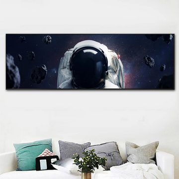 TPFLiving Kunstdruck (OHNE RAHMEN) Poster - Leinwand - Wandbild, Landschaft Kosmos Weltraum Astronaut Planeten Leinwandgemälde (Leinwandbild XXL), Farben: Schwarz, Blau, Weiß, Orange, Gelb -Größe: 20x60cm