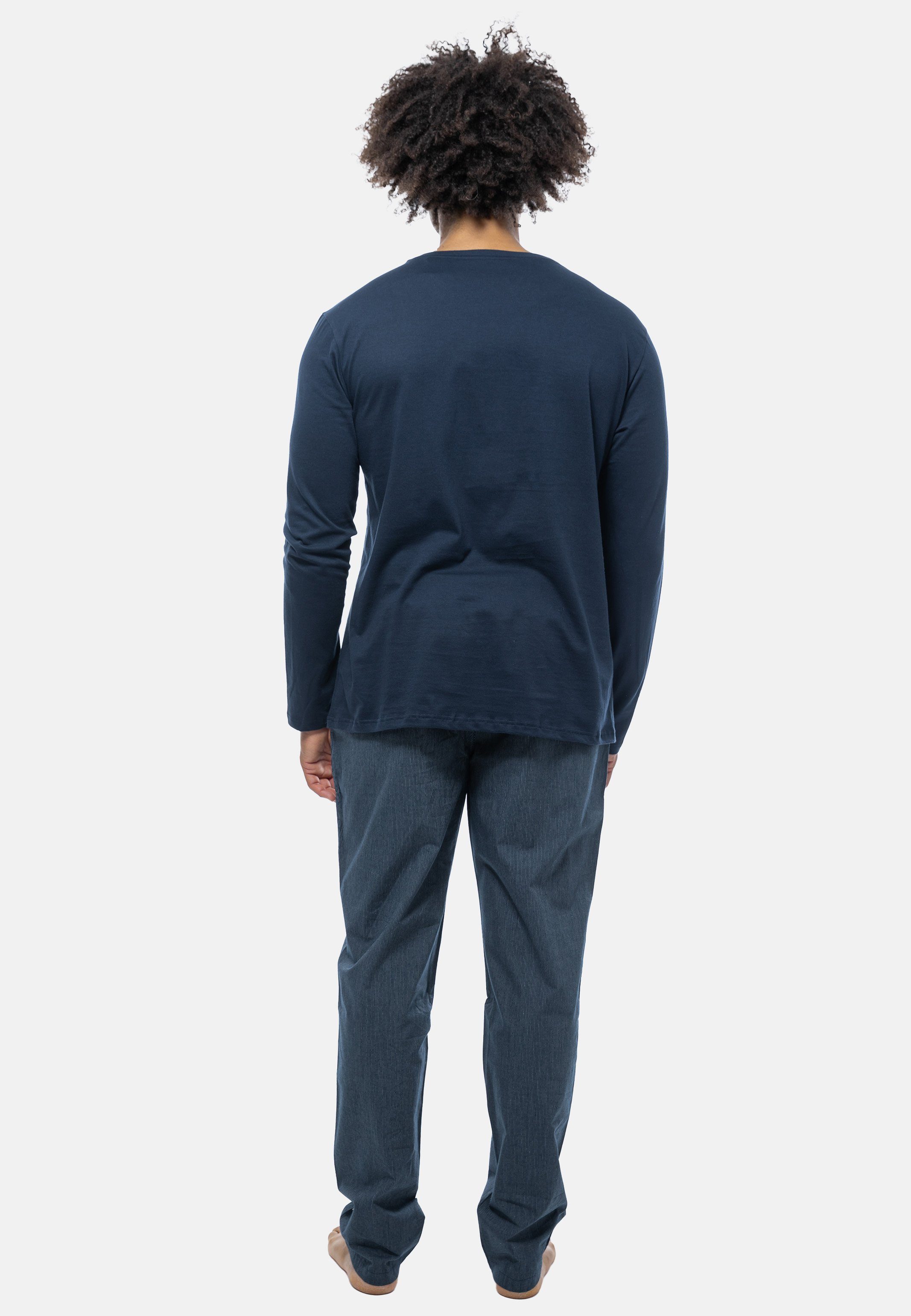 Schiesser Pyjama Mix (Set, 2 - Langarm-Shirt Blau gemustert Schlafanzug Baumwolle tlg) - mit Rundhals-Ausschnitt