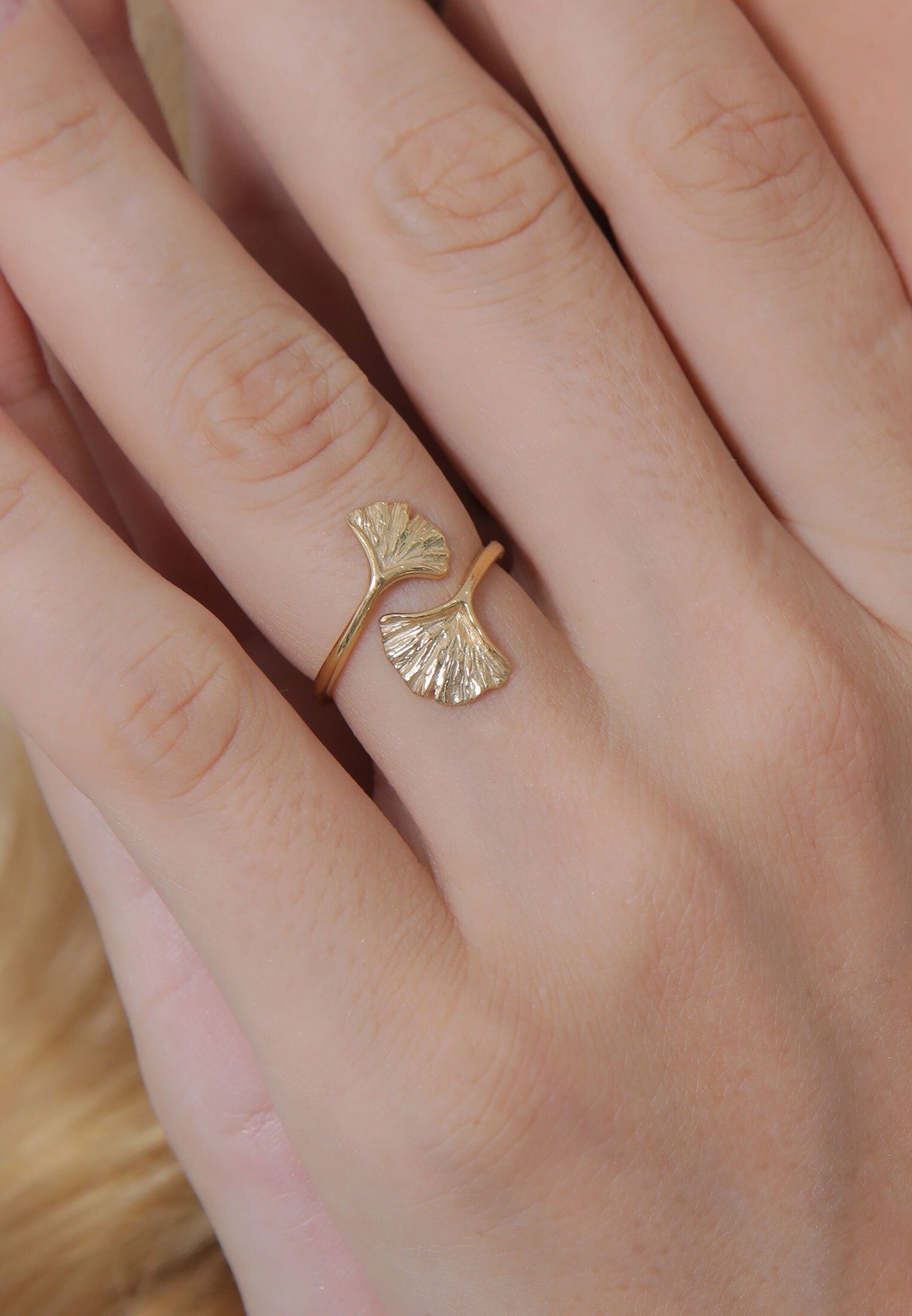 Elli Silber, 925 Verstellbar offen Gold Ginkgo Blatt Fingerring Natur Ginkgo