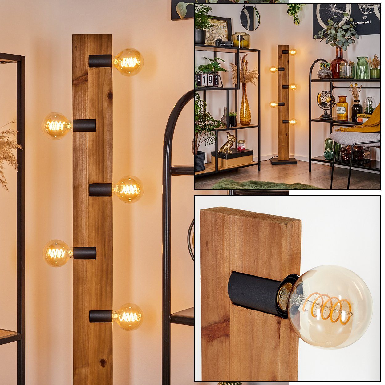 hofstein Stehlampe moderne Stehlampe aus Metall/Holz in Schwarz/Natur, ohne Leuchtmittel, mit Holzbalken, mit Fußschalter am Kabel, 5xE27, ohne Leuchtmittel