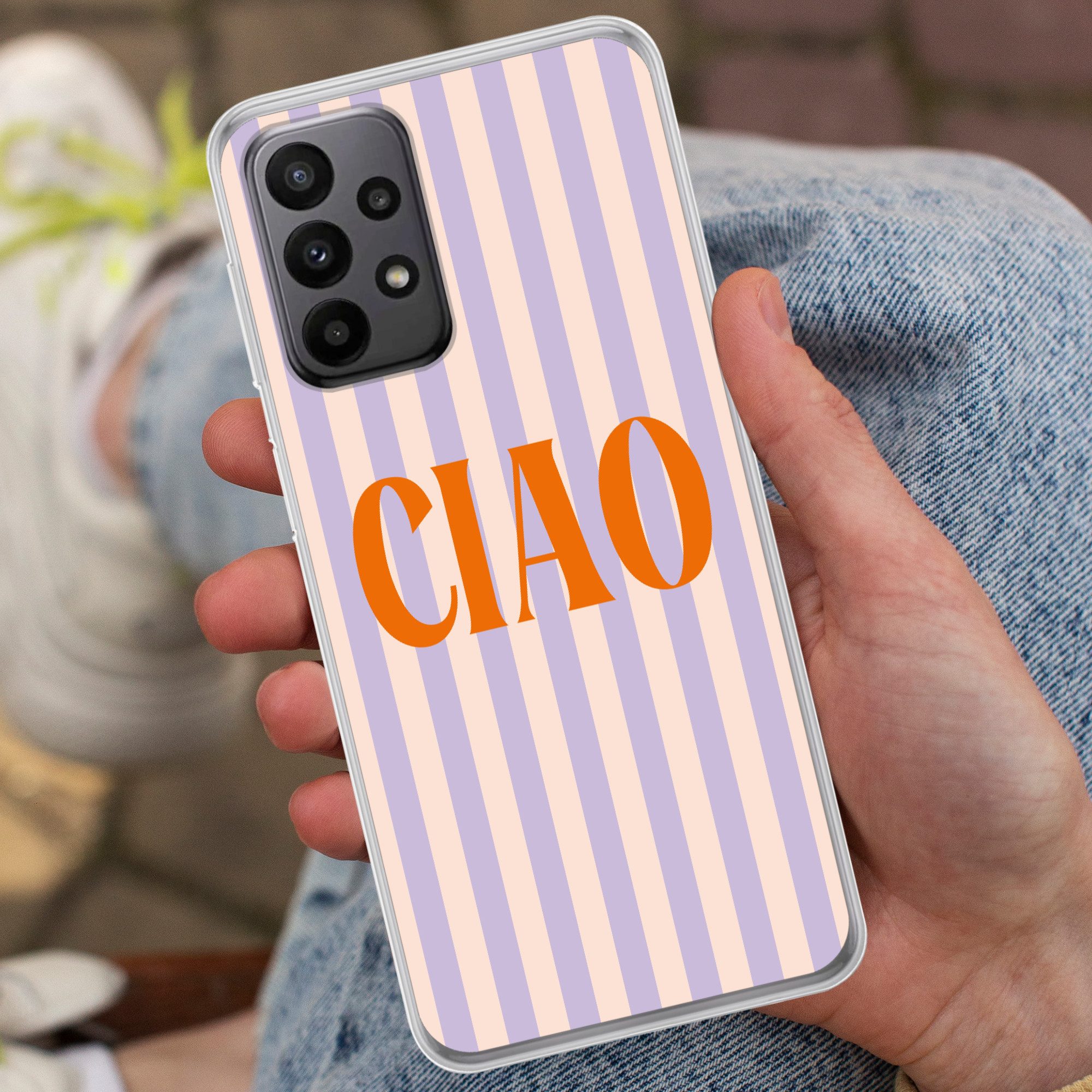 MuchoWow Handyhülle für Samsung Galaxy A23 5G Ciao - Zitat - Pastell - Streifen, Smartphone-Bumper, Print, Handy Schutzhülle Dünn
