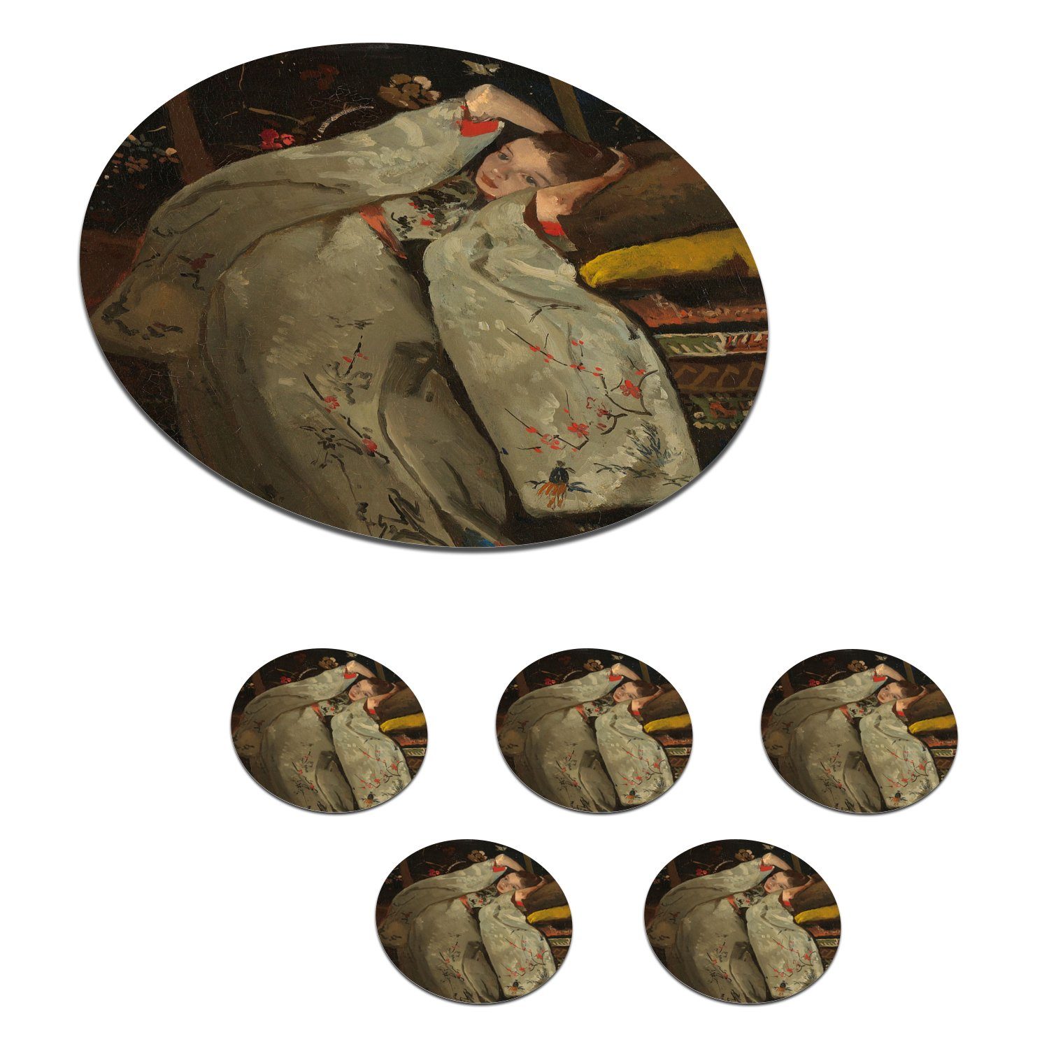 MuchoWow Glasuntersetzer Mädchen im weißen Kimono - Gemälde von George Hendrik Breitner, Zubehör für Gläser, 6-tlg., Getränkeuntersetzer, Tassenuntersetzer, Korkuntersetzer, Tasse, Becher