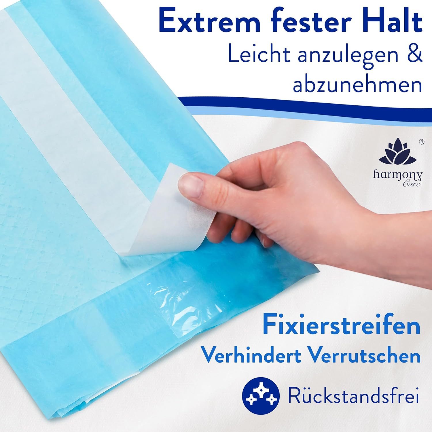 Inkontinenzauflage Bettunterlage mit Fixierstreifen, saugstarke Krankenunterlagen Harmony Care, rutschfeste Inkontinenzunterlagen einweg Nässeschutzauflage
