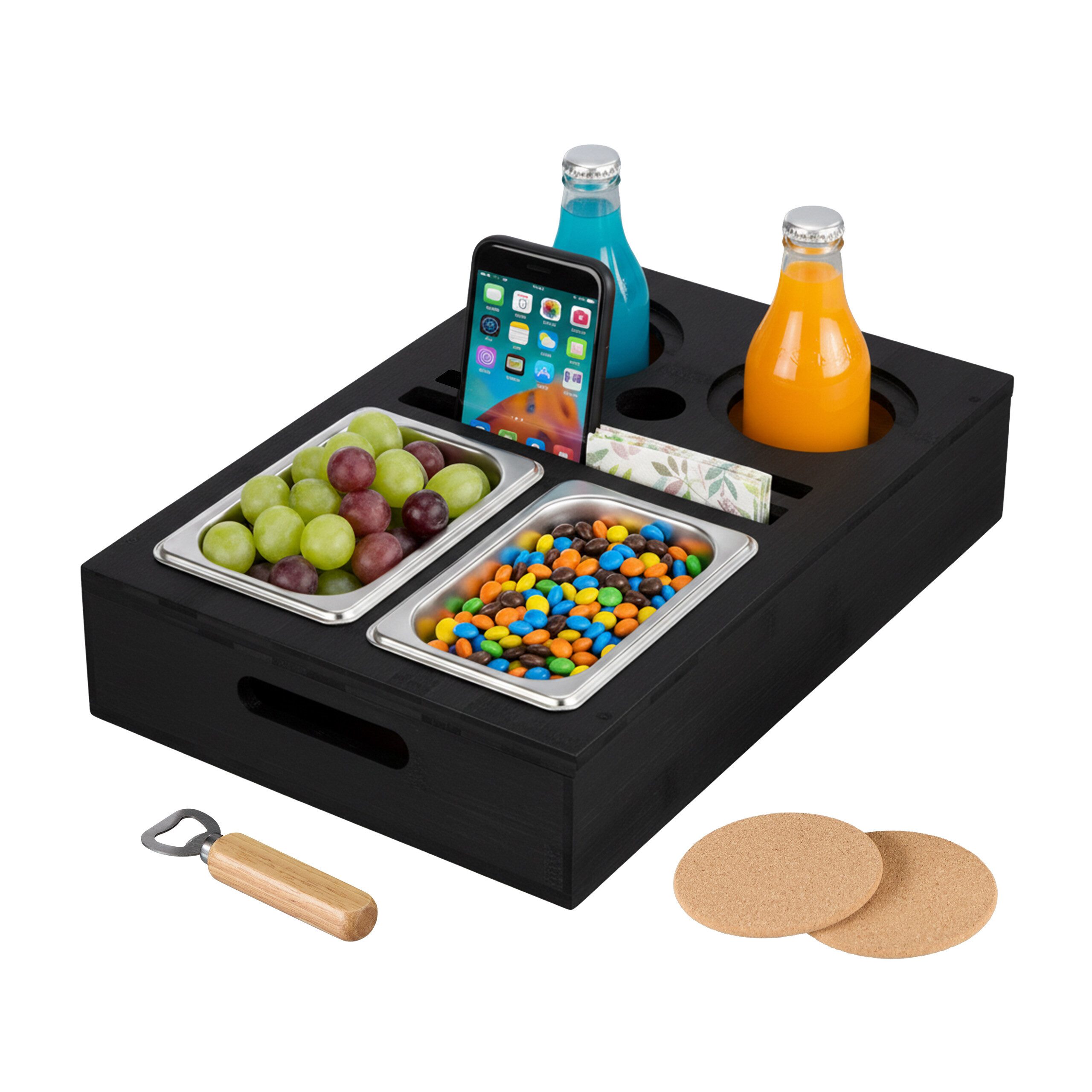 relaxdays Tabletttisch Couchbar mit Snackschalen (6-St), schwarz