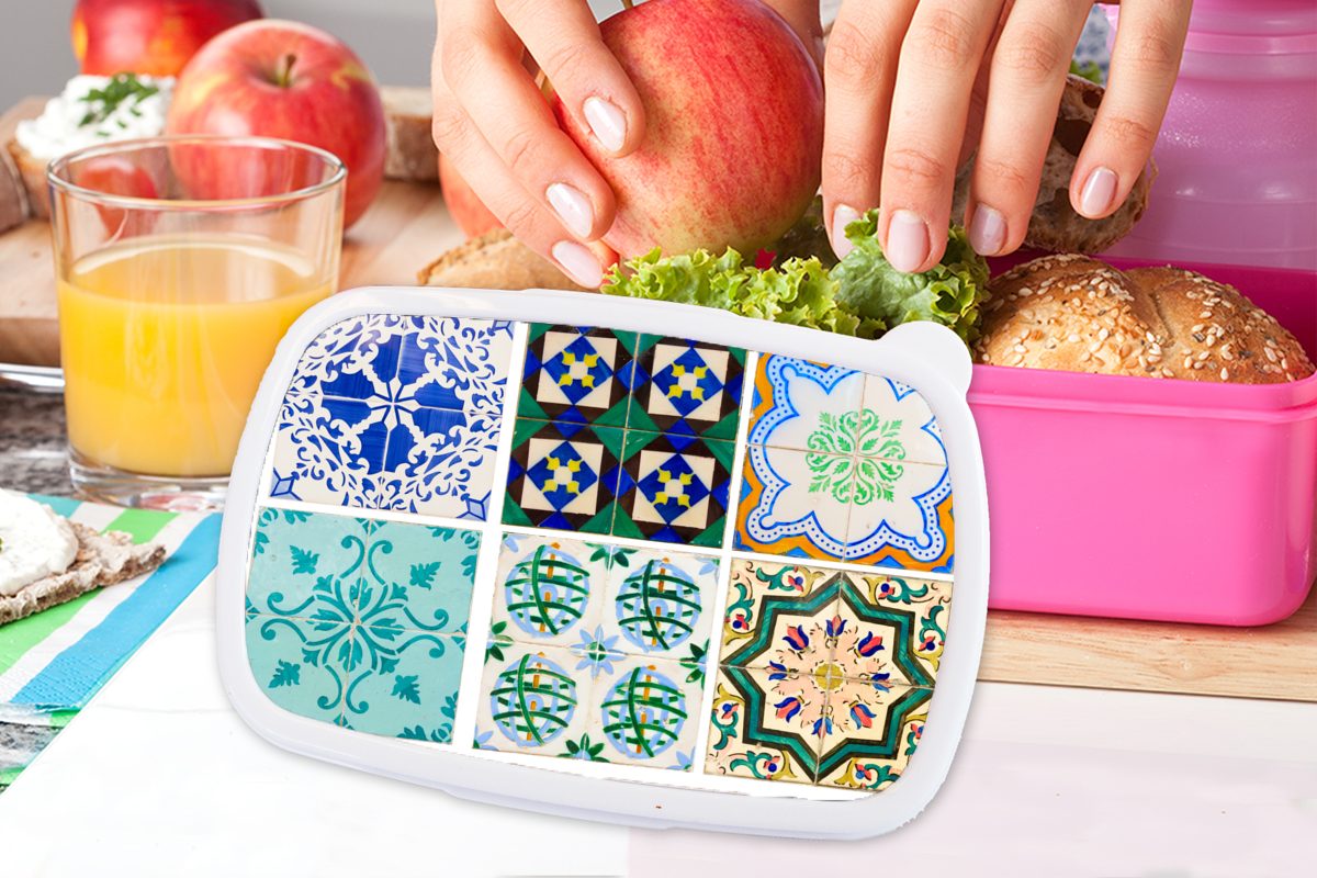 MuchoWow Lunchbox Kacheln - Blau (2-tlg), Kunststoff, Muster, Snackbox, Brotdose - Kinder, rosa Erwachsene, für Kunststoff Mädchen, Brotbox