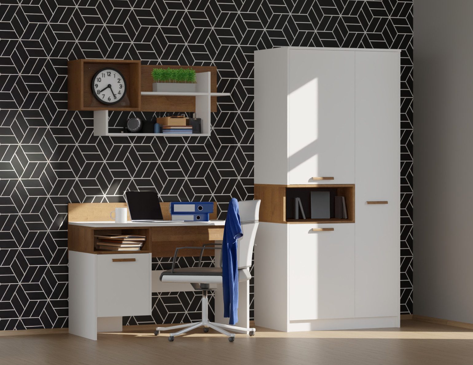 Marmex Möbel Mehrzweckschrank-Set Grant SET I Drehtürenschrank Wandregal Schreibtisch Jugendzimmer, (3-St), Scharniere-Soft-Close