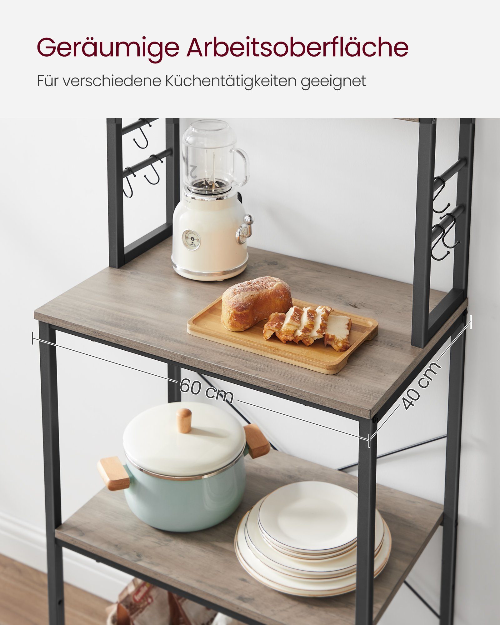 VASAGLE Haken, 6 cm(TxBxH) mit x x 40 167 Küchenregal Standregal, 60 Greige-schwarz