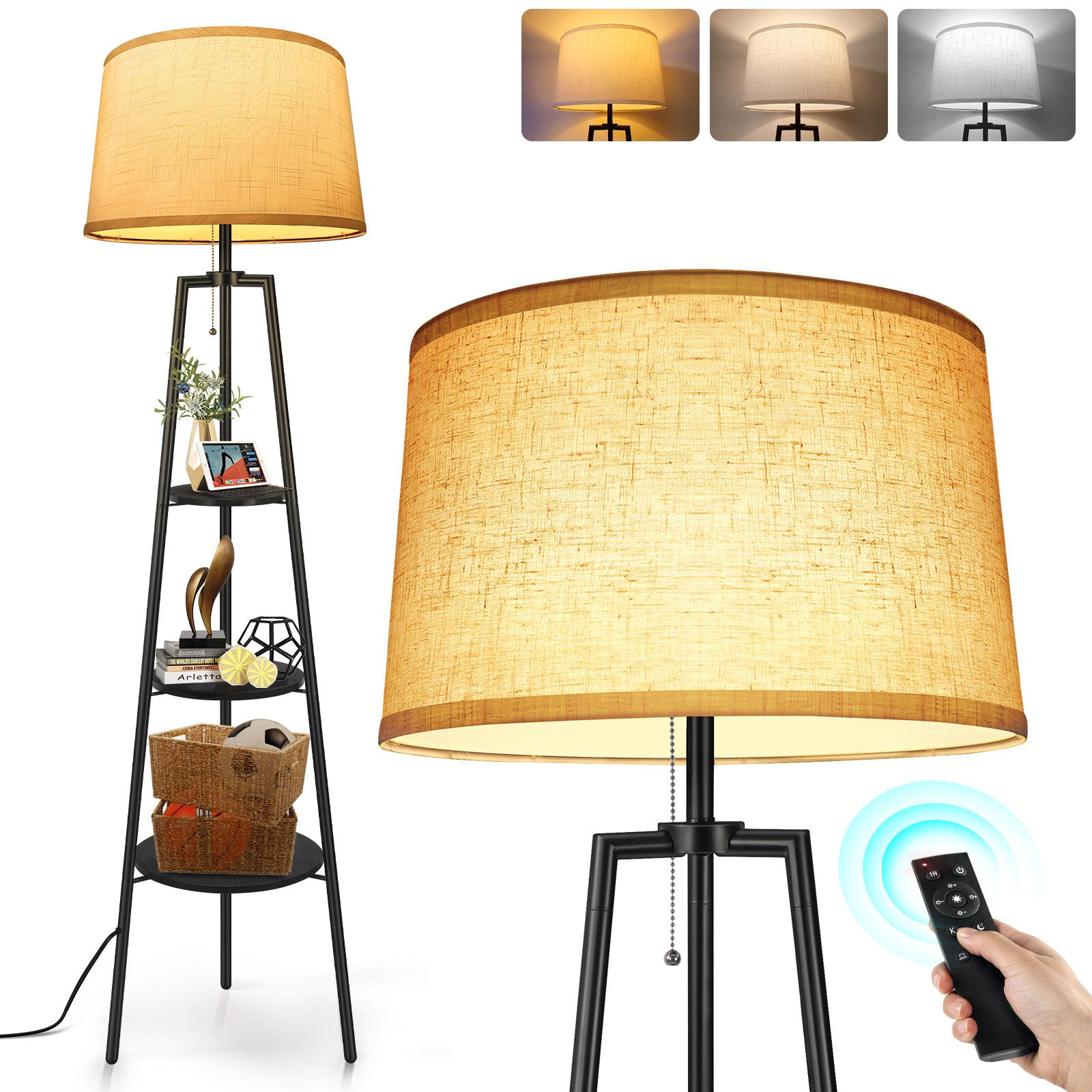 OUTON LED Stehlampe Stativ-Stehleuchte, Fernbedienung, 3 Farbtemperaturen, 3 Ablagen, LED wechselbar, für Wohnzimmer, Leseecken, Schlafzimmer oder jeden Raum