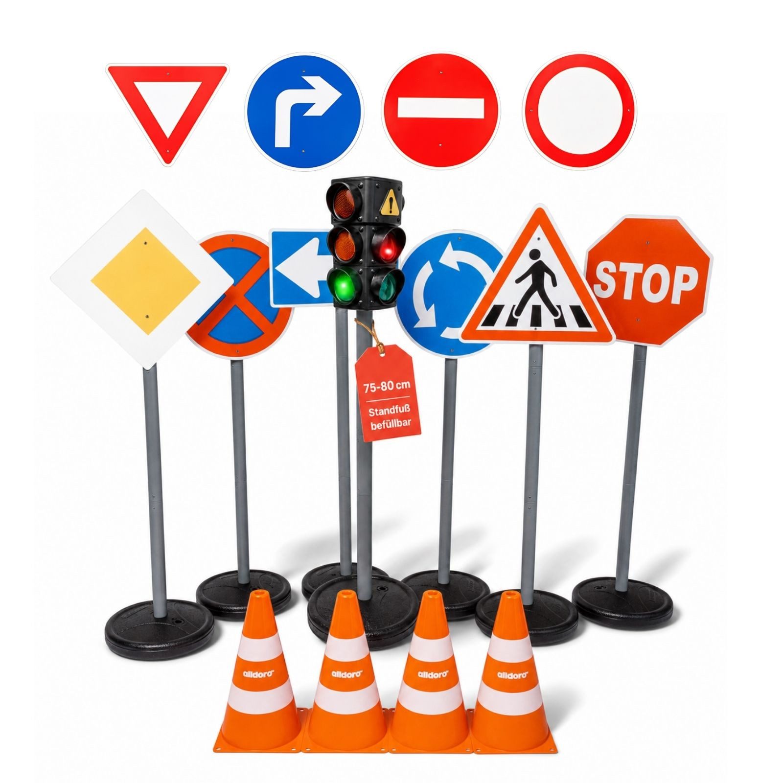 alldoro Spiel-Verkehrszeichen XXL Verkehrsset für Kinder - mit Ampel, 10 Schildern & 4 Pylonen, Standfüße befüllbar, großes Set für Verkehrserziehung und Rollenspiele