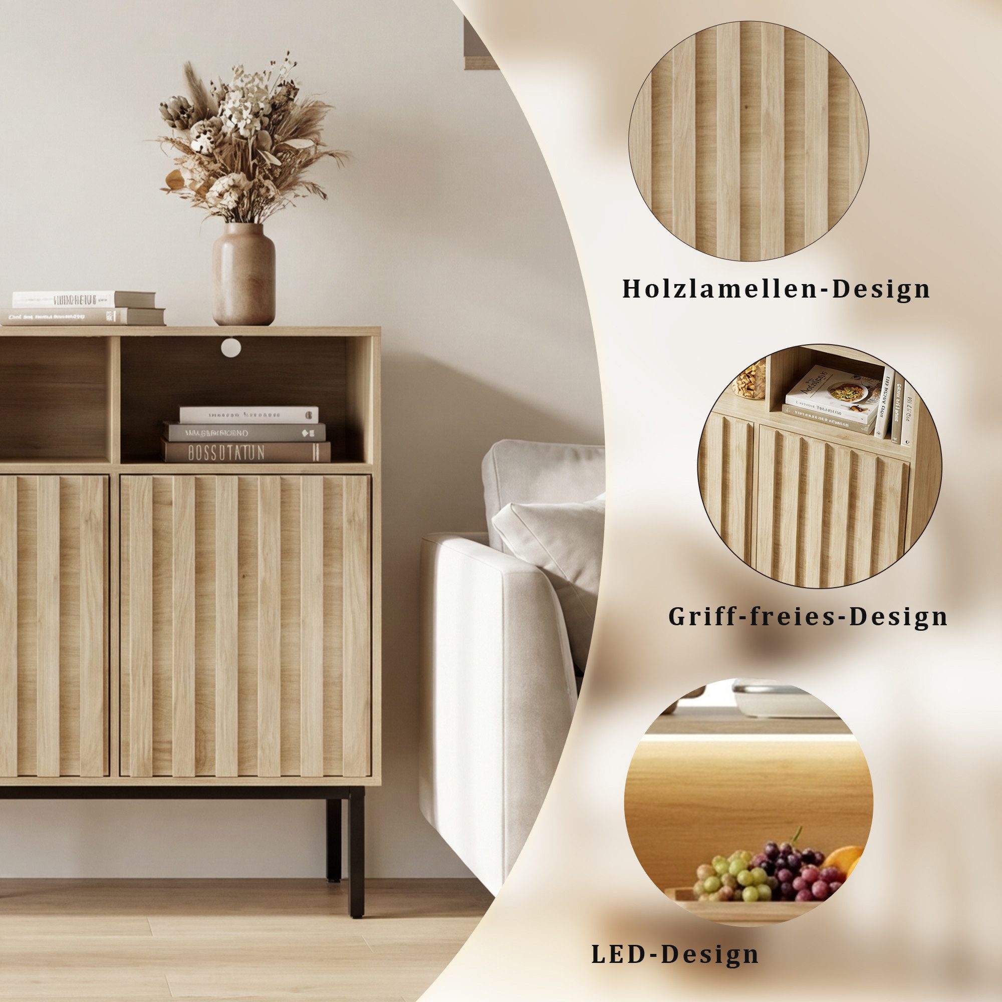 UEV Sideboard Küchenschrank mit 3 Türen & 3 offenen Fächern, Sideboard mit 3 Türen, 105 x 39 x 80cm