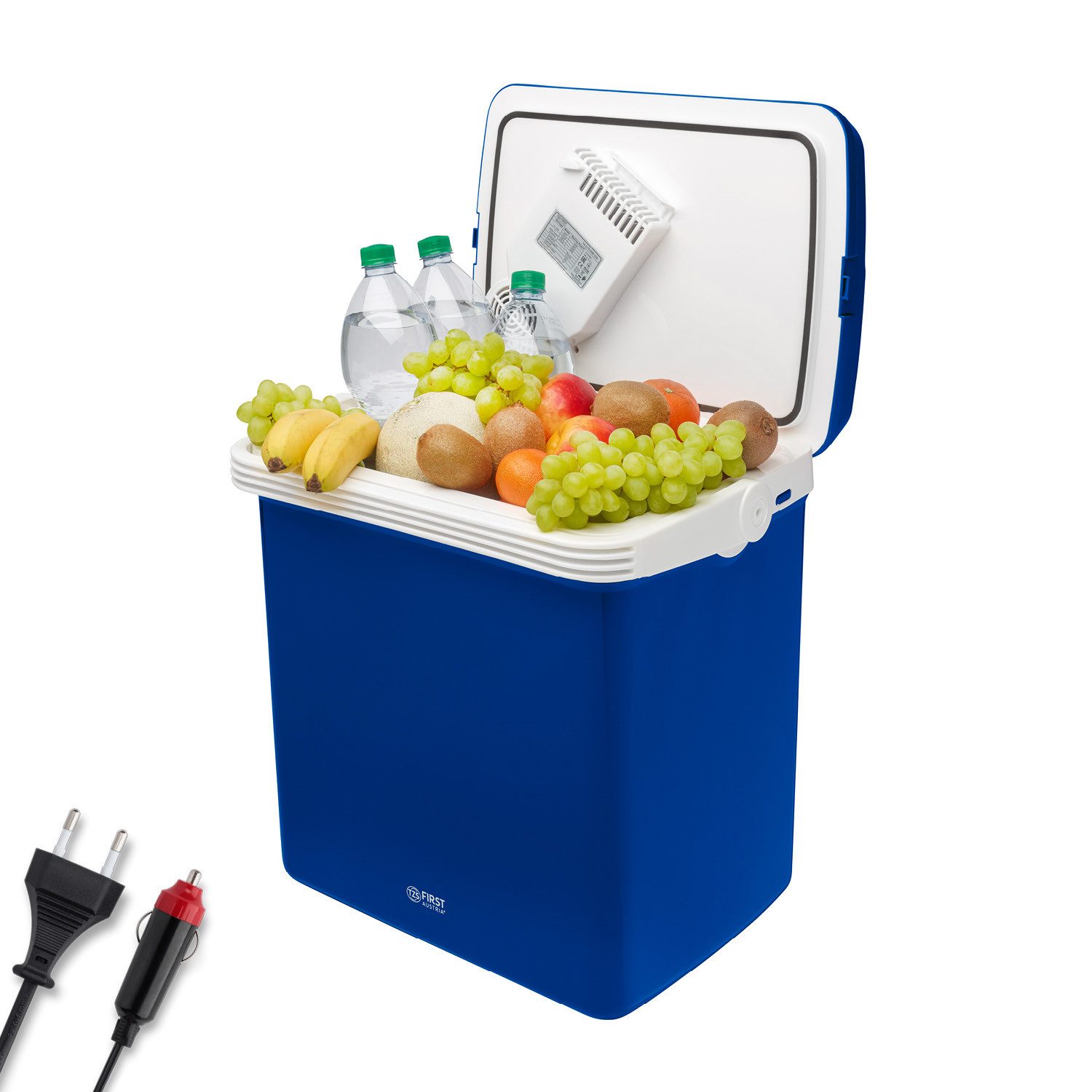 TZS FIRST AUSTRIA Elektrische Kühlbox 32L, Mini-Kühlschrank, 12V /230V Anschluss, 12-V-Stecker fürs Auto, für Camping, Festivals, Reisen, mit Kühl- und Warmhaltefunktion