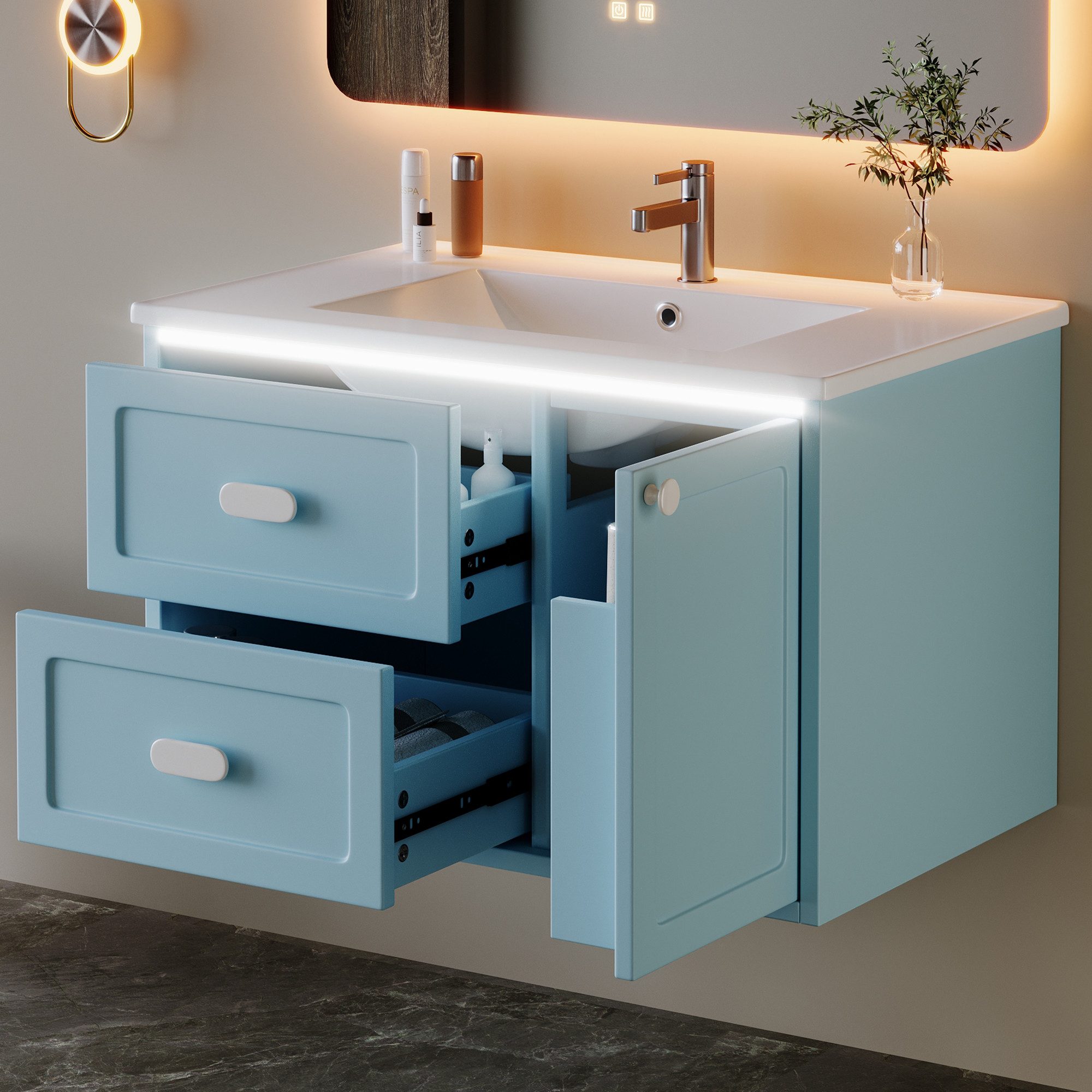 Flieks Waschtisch mit LED-Radarsensor Waschbeckenunterschrank inkl. Waschbecken (B76/T46/H51 cm, 1-St., wandhängend, Volllackierung Badschrank mit Led-Beleuchtung Waschplatz), Badezimmerschrank mit Schubladen und Türablagen Badmöbel-Set Blau