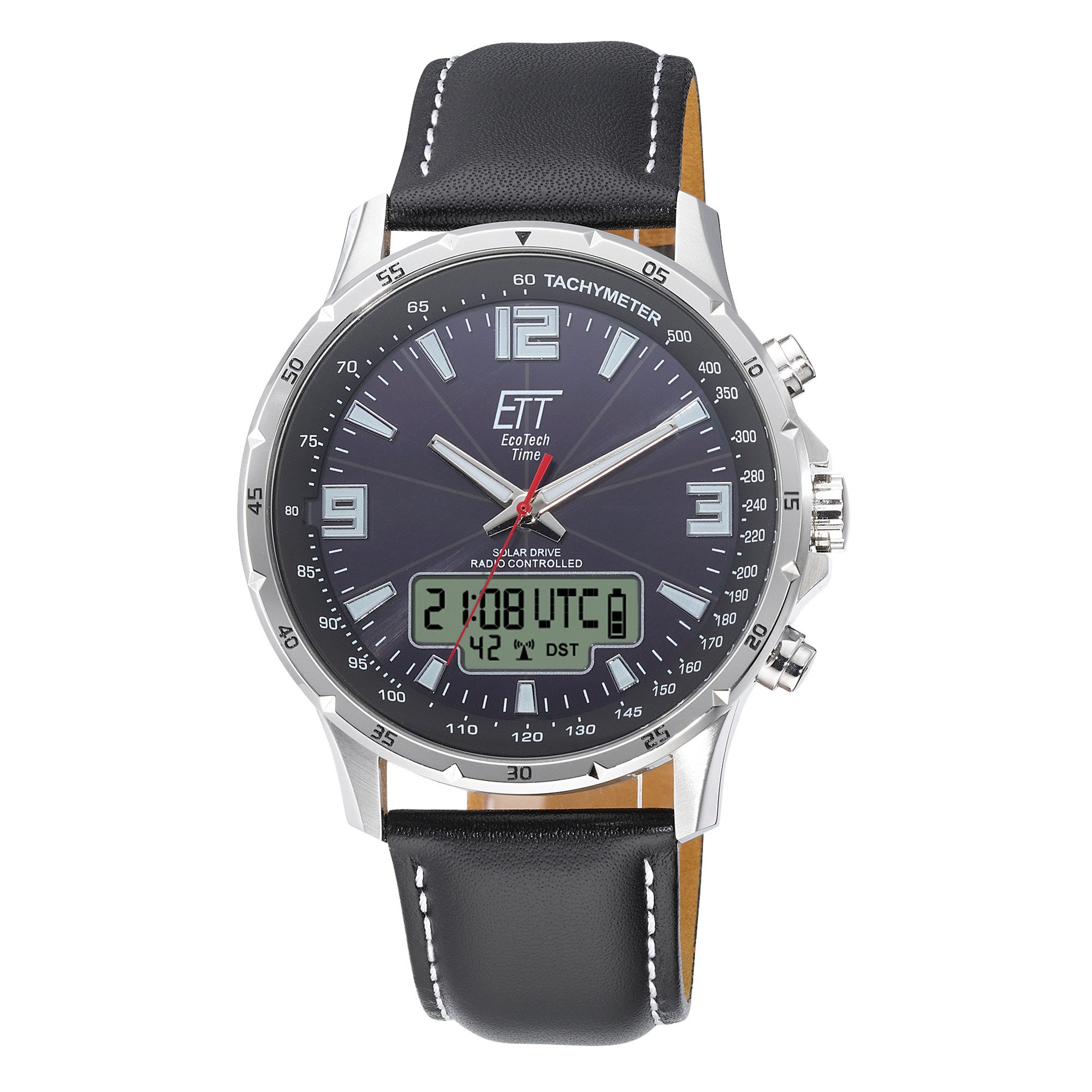 ETT Funk-Multifunktionsuhr Professional WorldTimer EGS-11550-21L, Armbanduhr, Solar, Herrenuhr, Lederarmband, analog, digital, Tag