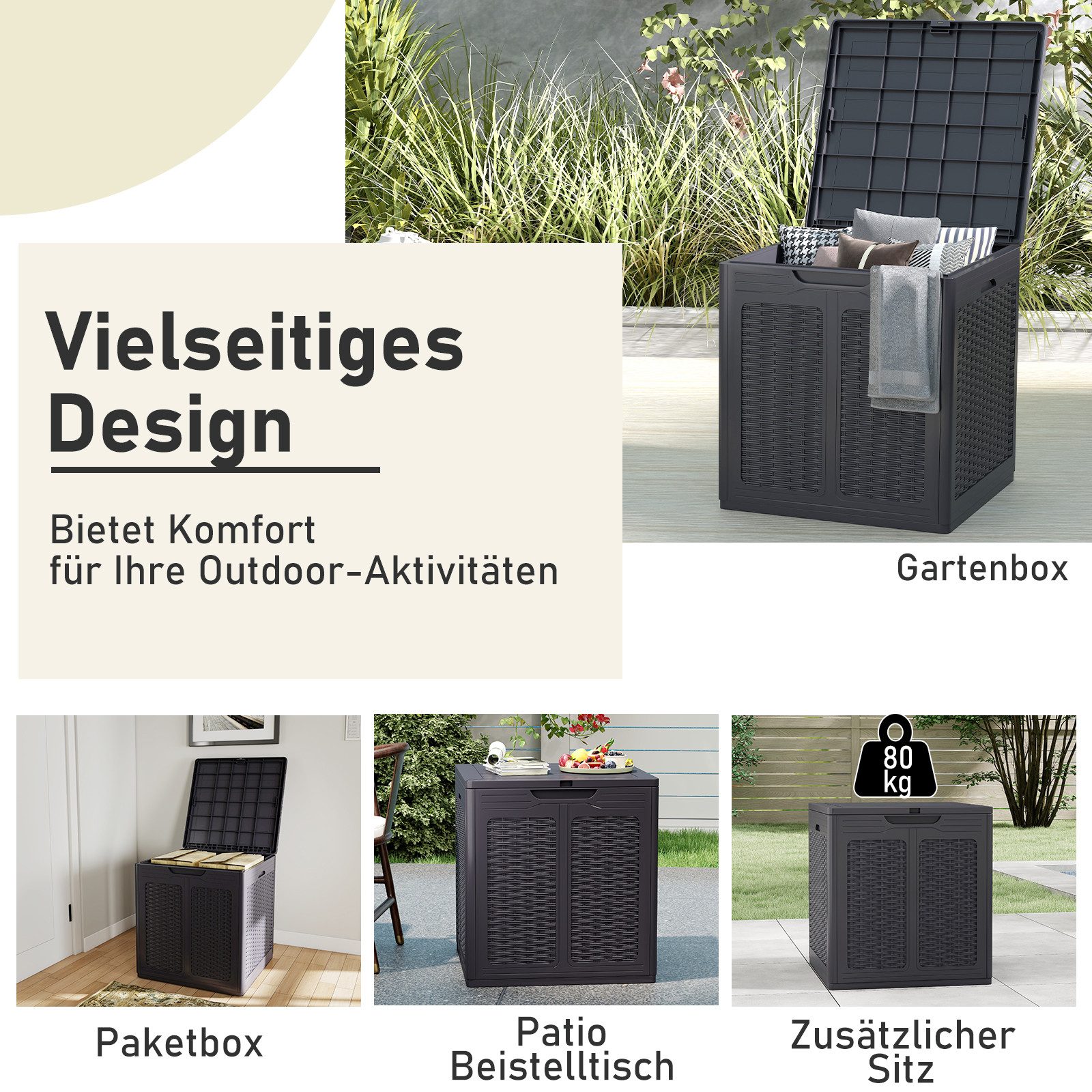 KOMFOTTEU Auflagenbox, Gartenbox Aufbewahrungsbox mit abschließbarem Deckel, Kissenbox