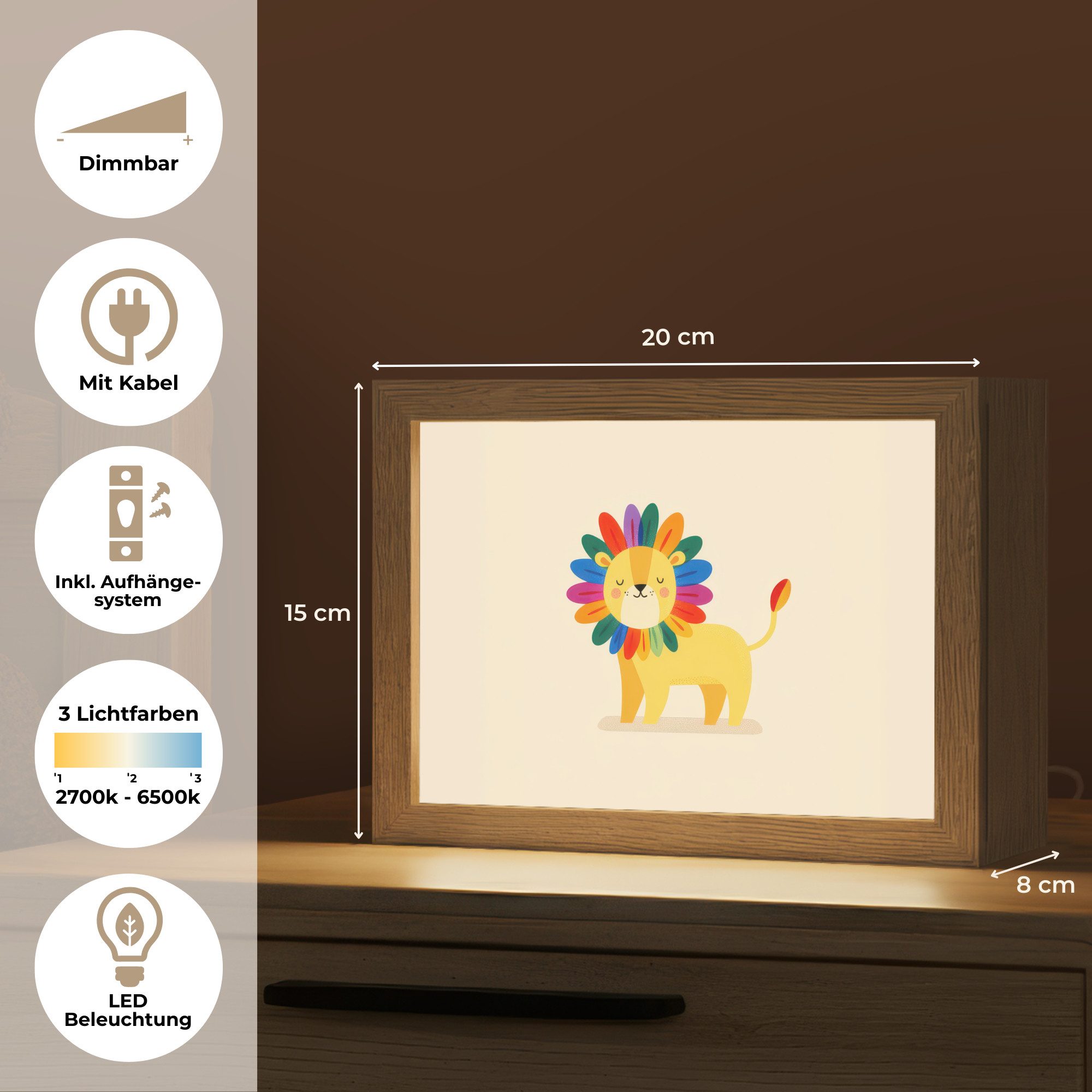 OnlyWow Nachttischlampe Lightbox Löwe - Bunte Mähne - Beige - Jungen, Dimmbar, Farbwechsel, LED, Warmweiß, Kaltweiß, Neutralweiß Einstellbar, Nachtlicht, Kinder- und Babyzimmer, Dimmbar, mit Kabel, Tischleuchte