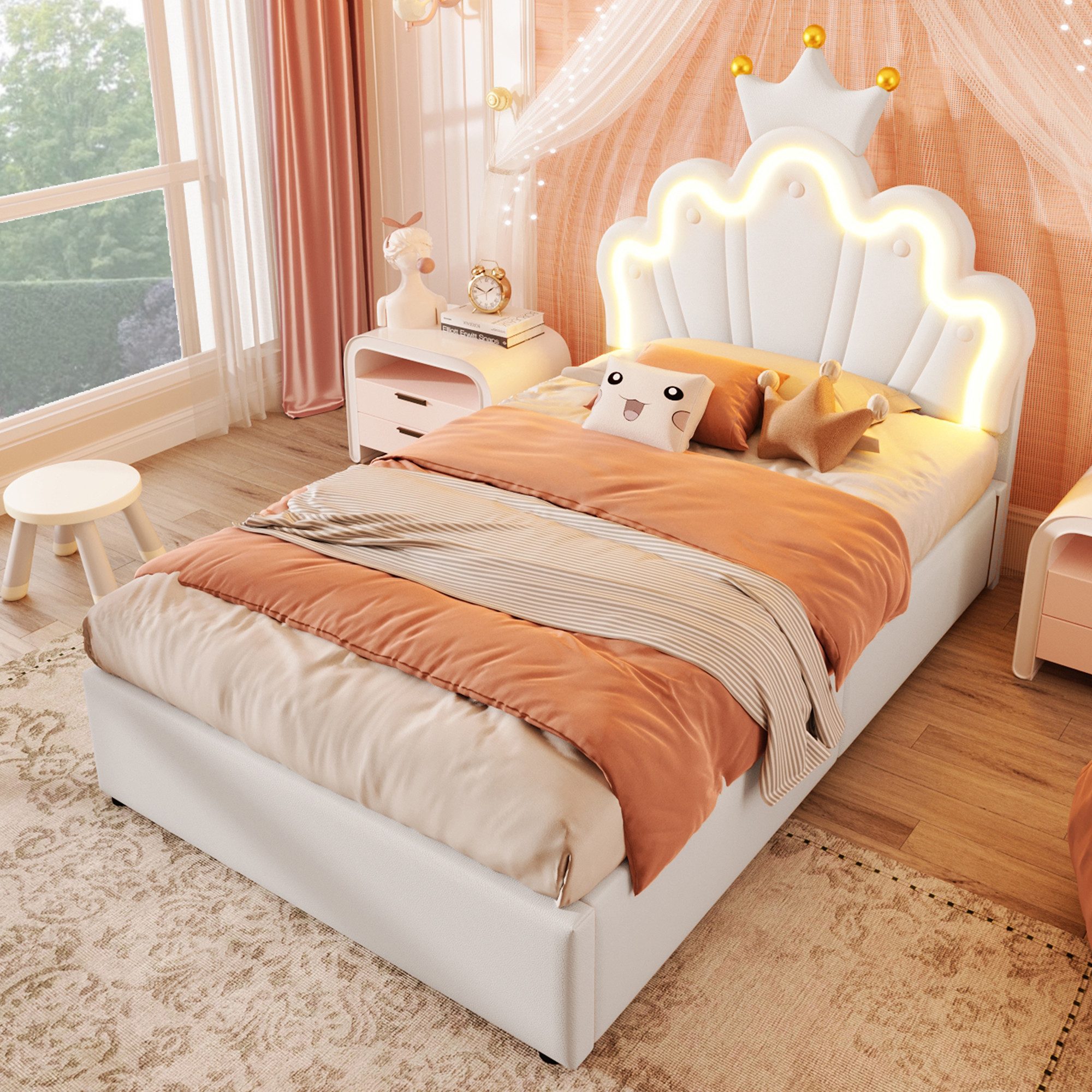 TavilaEcon Kinderbett Polsterbett Prinzessinnenbett mit Kronenform, Weiß/Ro günstig online kaufen