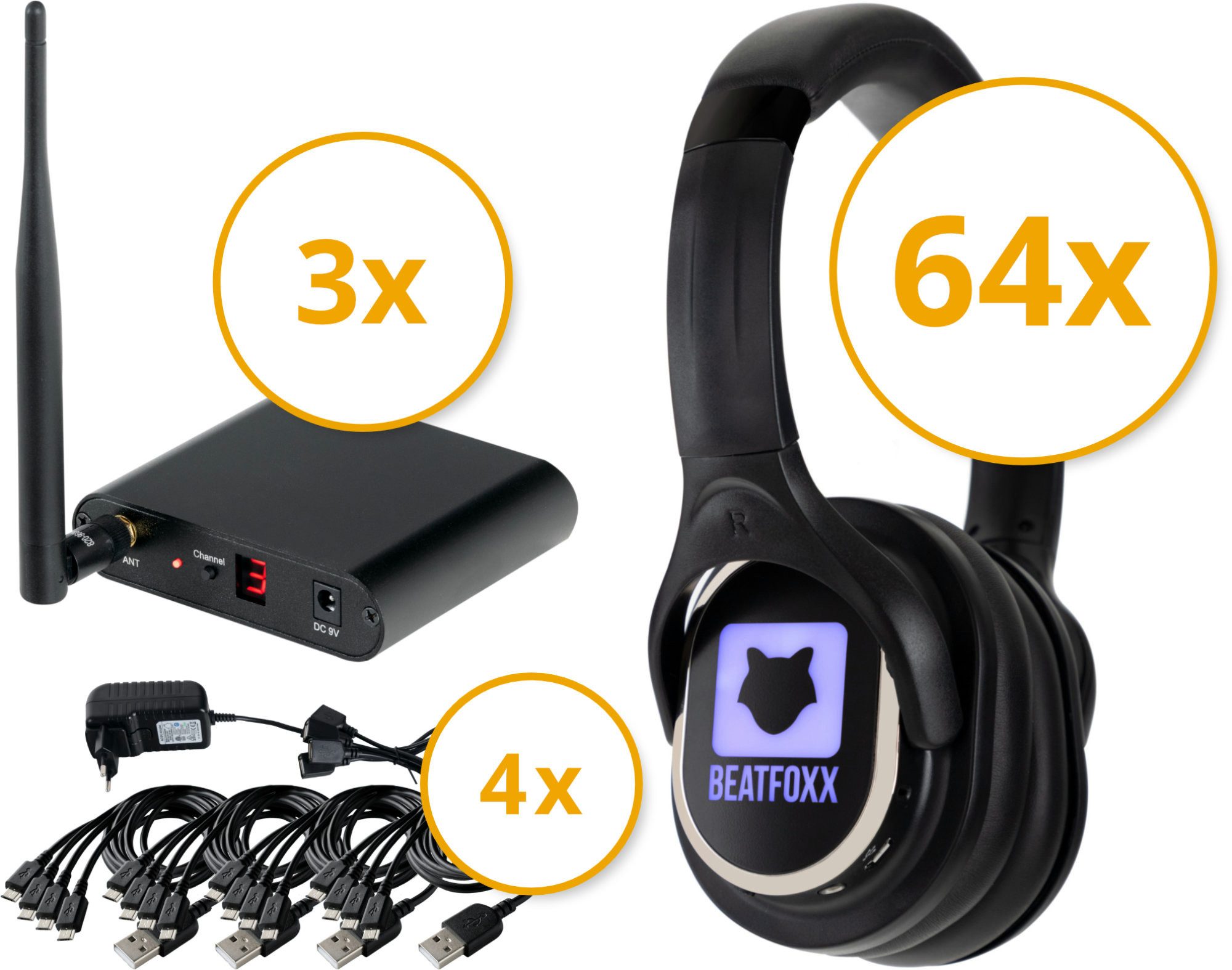 Beatfoxx SCPS-643 USB-C Silent Disco V2 Party Set mit 64 Kopfhörern & 3 Sendern Funk-Kopfhörer (Wireless Stereo Kopfhörer für Silent Disco-Anwendungen, UHF-Technik, 3 empfangbare Kanäle)
