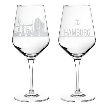 3forCologne Weinglas I LOVE Hamburg Weingläser, 2er Set mit Motiv der Hamburg Skyline, Hochwertiges Kristallglas, inkl. Geschenkverpackung