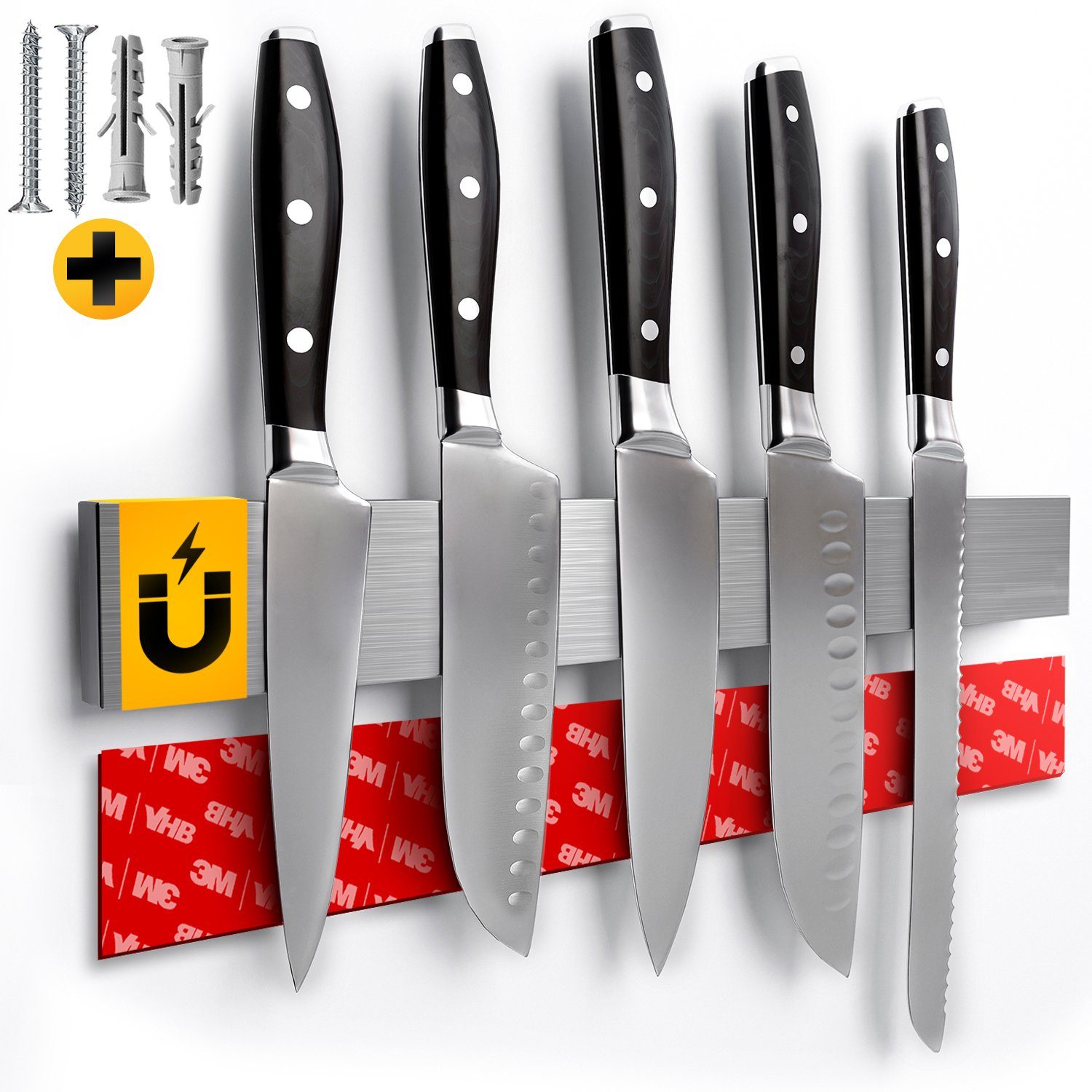 Loco Bird Wand-Magnet Messer-Leiste Magnetleiste Messer 40cm -  selbstklebend mit 3M VHB Klebeband - Messerleiste Edelstahl für  Küchenutensilien oder Werkzeugen - Messerhalter magnetisch Wandmontage für  Küche ohne Bohren (1tlg)