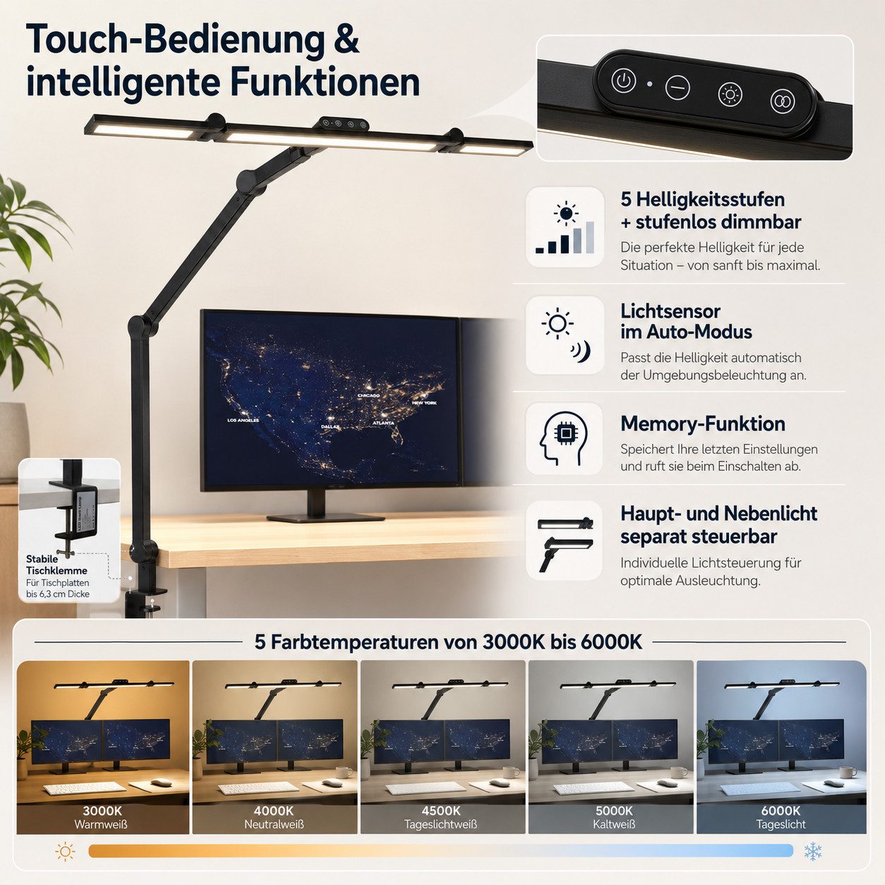 Cozy Vent LED Schreibtischlampe LED Schreibtischlampe extra lang 3000–6000K mit Lichtsensor, LED fest integriert – Bild 5 von 5