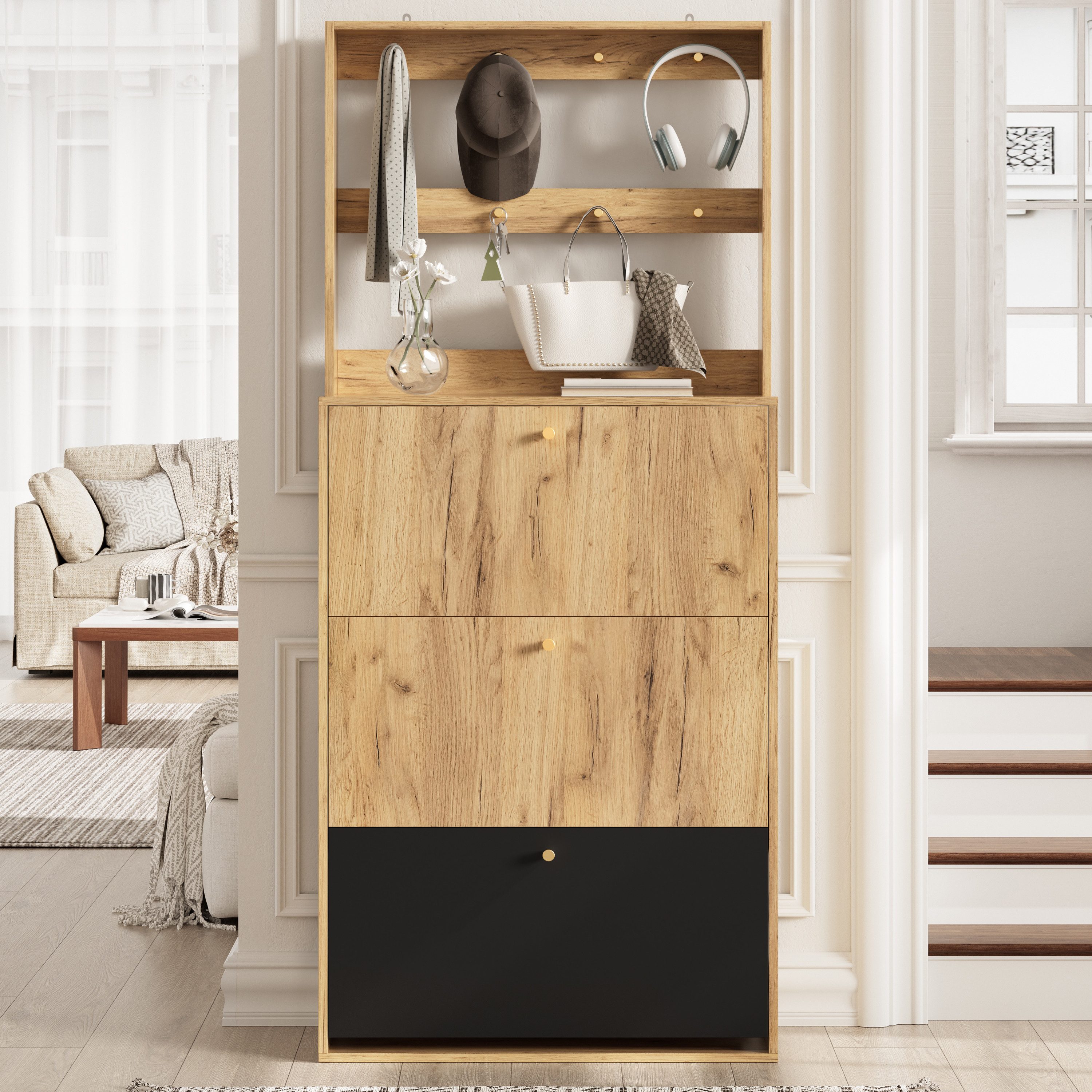 REDOM Schuhschrank mit Haken (3 klappbaren Aufbewahrungsfächern, geeignet für den Flur, 1-St., B75/D24/H180 cm)