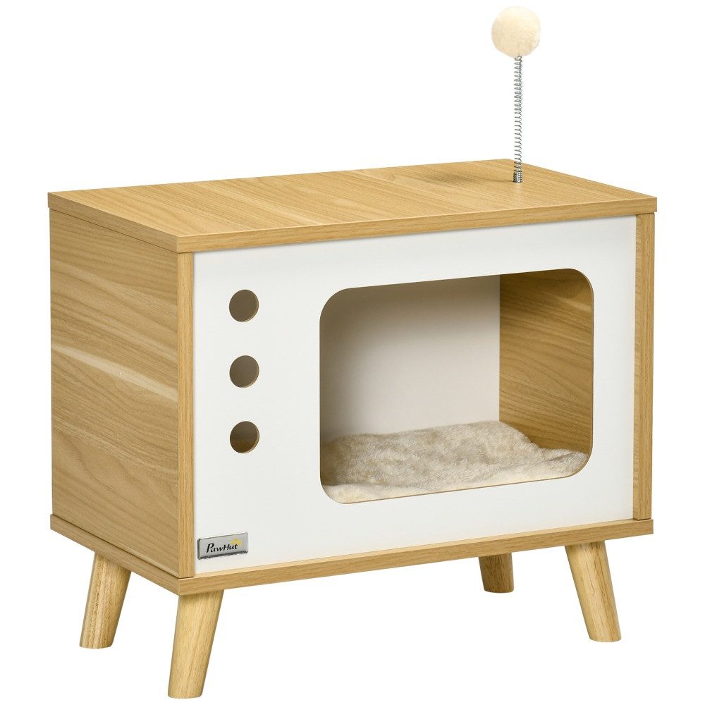 MIBODE Tierbett Katzenhaus TV-Design mit Spielball und Kissen, Eiche/Beige