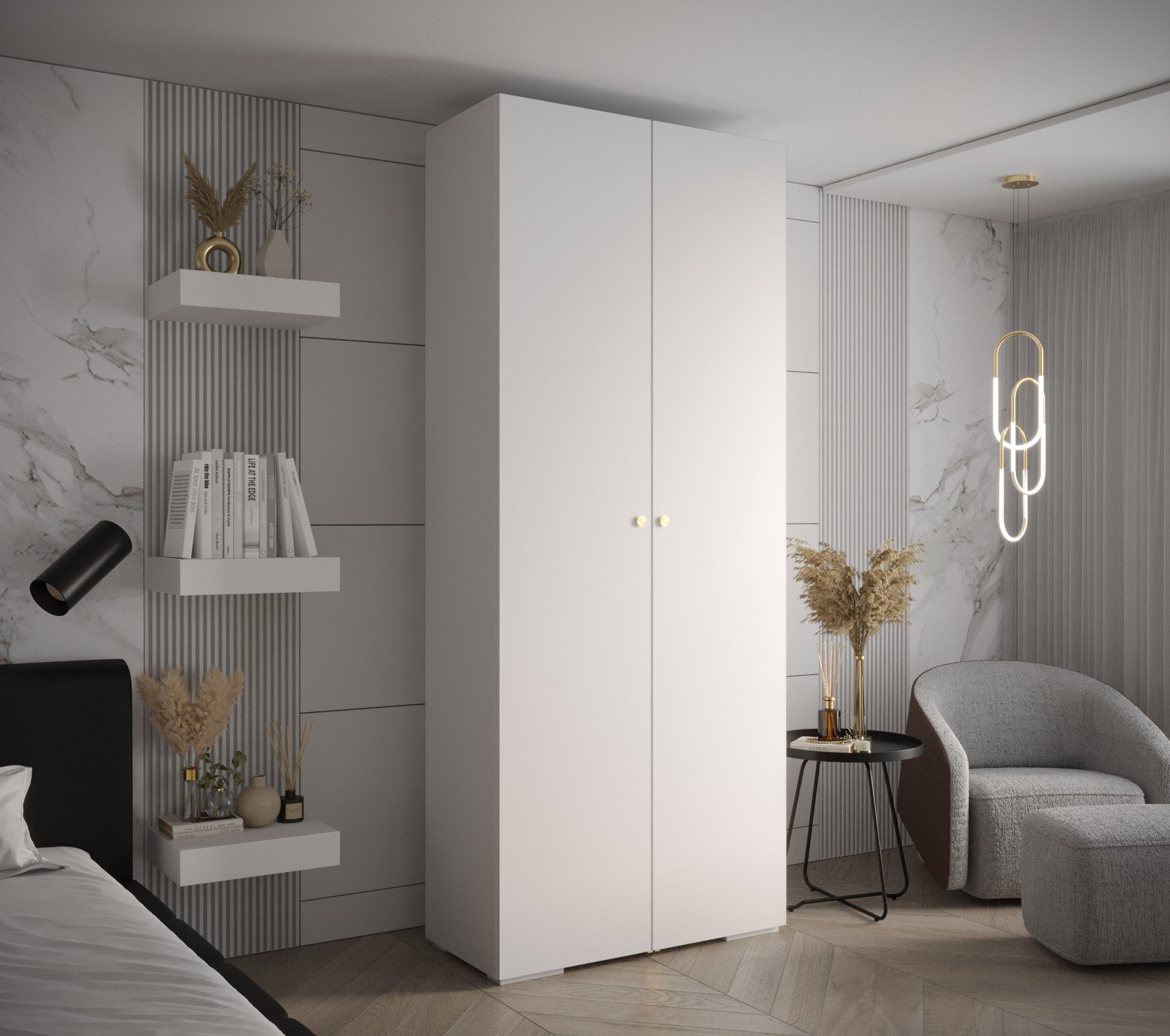 MOEBLO Schrankmodule IVONA 2 (goldene Griffe, elegante Garderobe, glamouröser Stil, Schrank Garderobe Schiebtüren Schlafzimmer, Modularer Kleiderschrank)