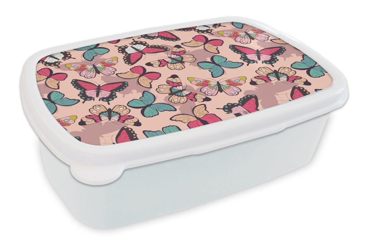 MuchoWow Lunchbox Schmetterling - Rosa - Blau - Design, Kunststoff, (2-tlg), Brotbox für Kinder und Erwachsene, Brotdose, für Jungs und Mädchen weiß