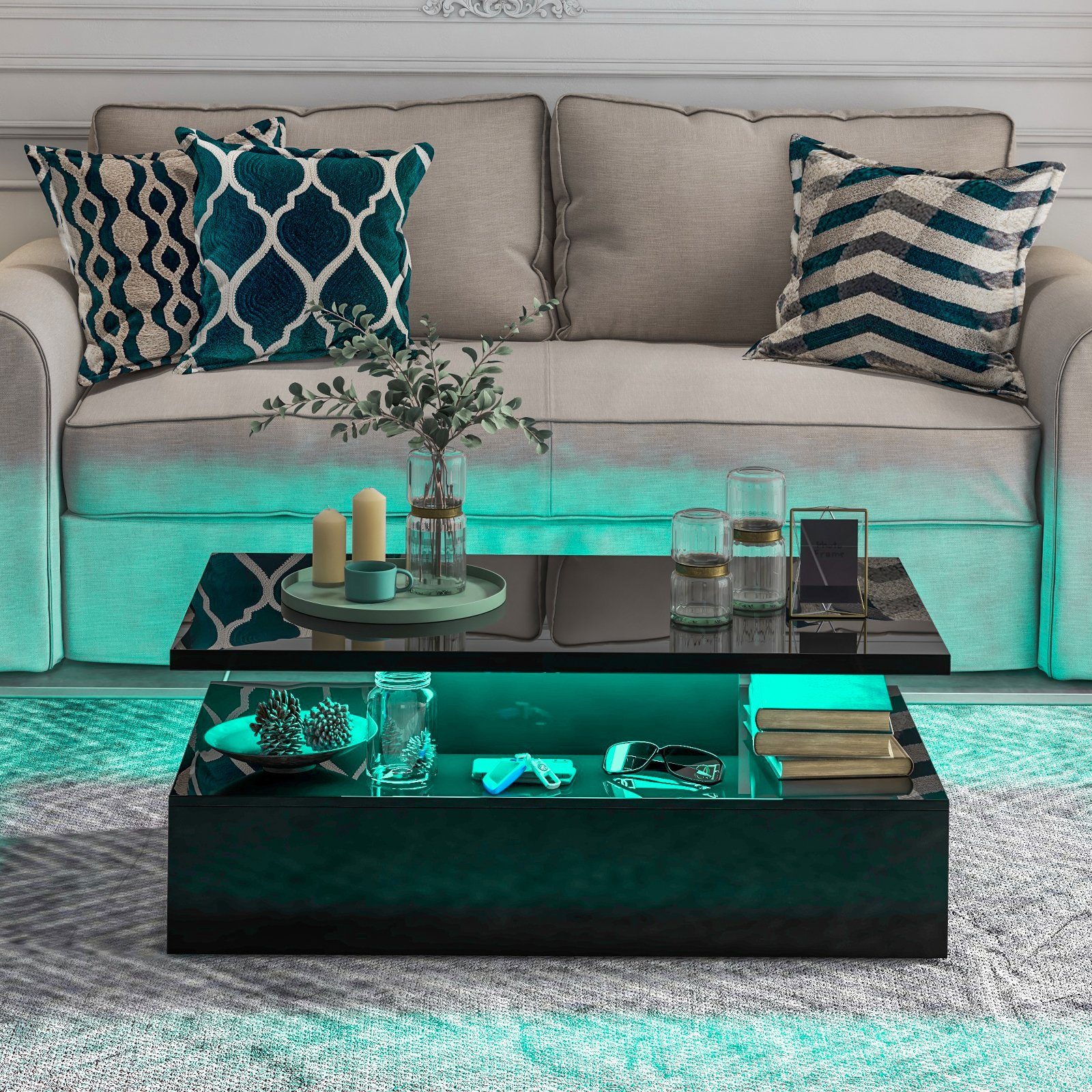 COSTWAY Couchtisch 110cm Wohnzimmertisch mit LED 20 Farben, Stauraum hochglanz – Bild 4 von 5