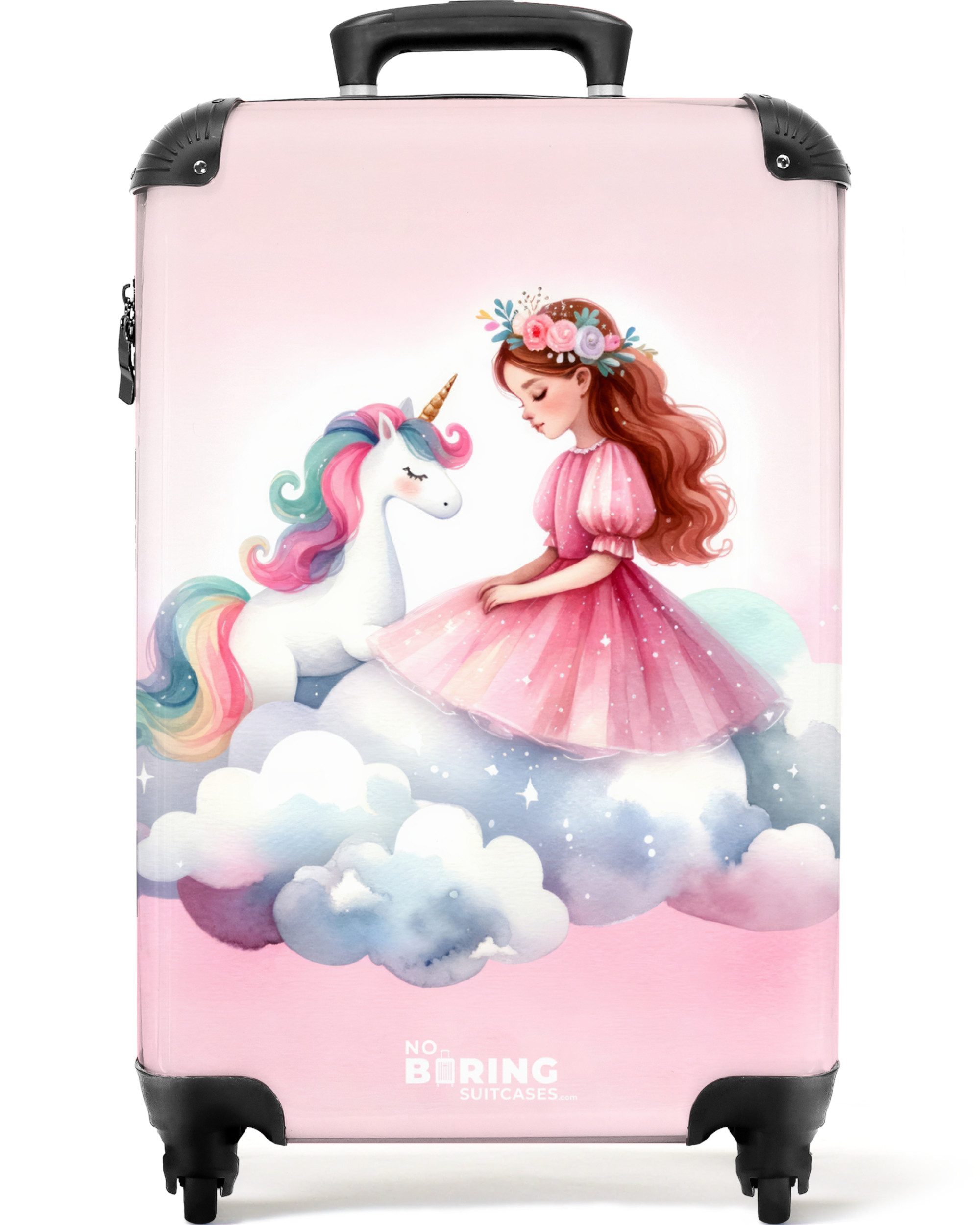 NoBoringSuitcases.com© Kinderkoffer Rosa Prinzessin und Einhorn auf einer Wolke 55x35x20cm, 4 Rollen, Handgepäck-Koffer, Kinderkoffer, Reisekoffer Mädchen