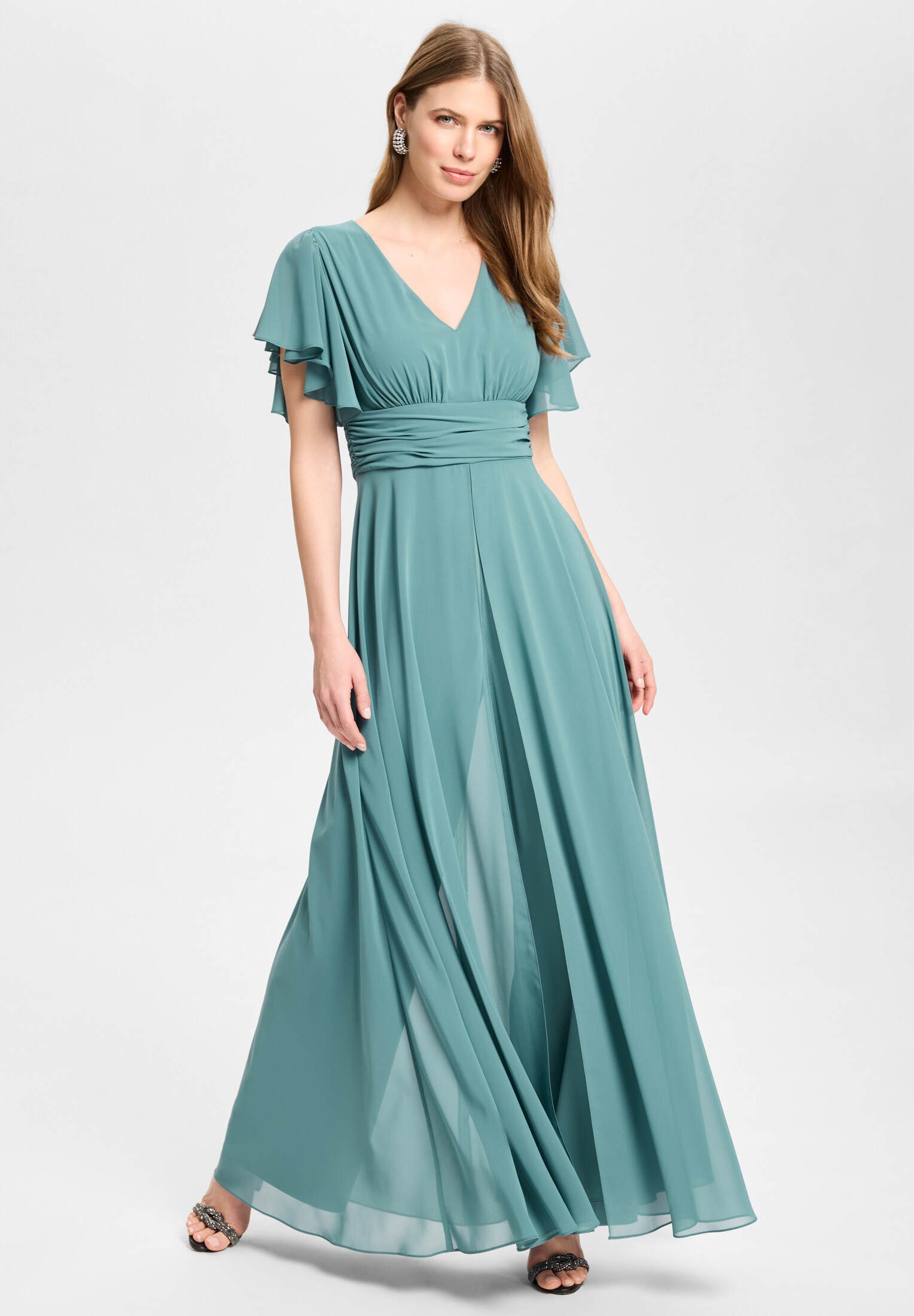SWING Jumpsuit - Chiffon Jumpsuit mit Überrock und Volantärmeln Oberteil in figurbetonter Passform
