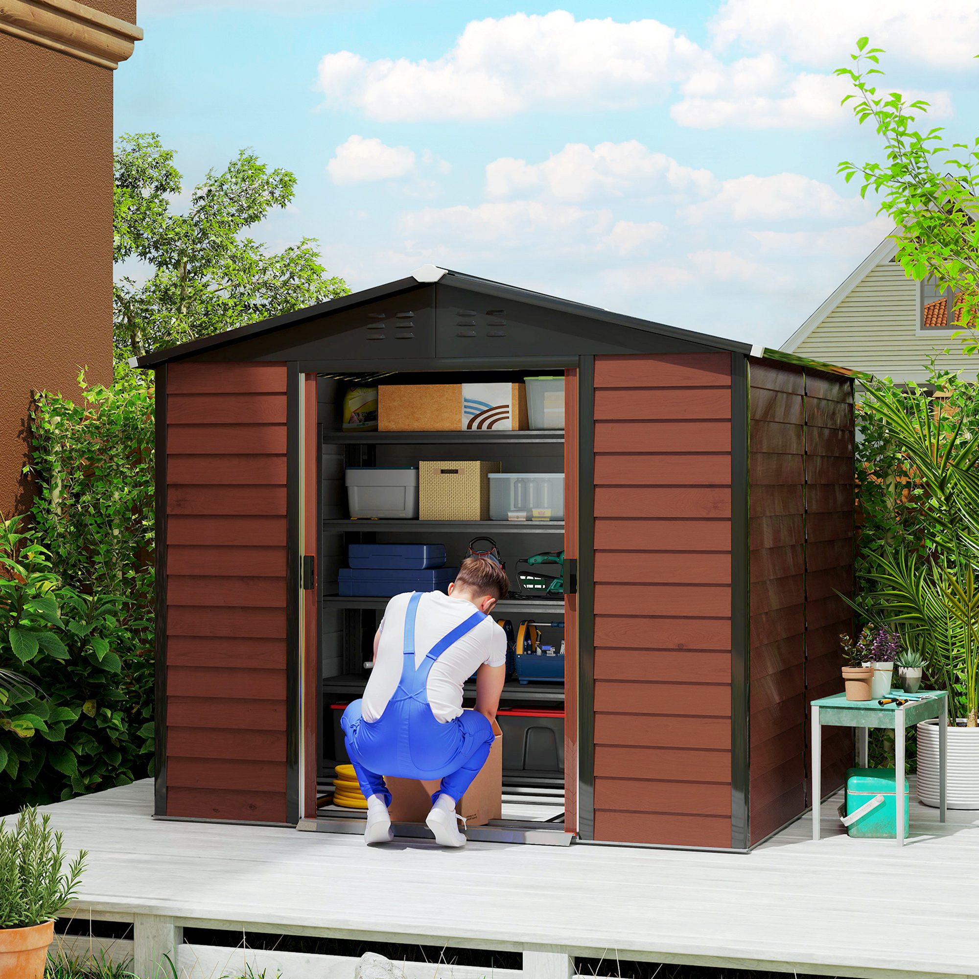 Outsunny Gerätehaus 4,4 m² Gartenhaus mit Schiebetür, aus Verzinkter Stahl, wetterfest, BxT: 240x206 cm, (Gartenhaus, 1 St., Geräteschuppen), aus Verzinkter Stahl, wetterfest, für Garten, Teak