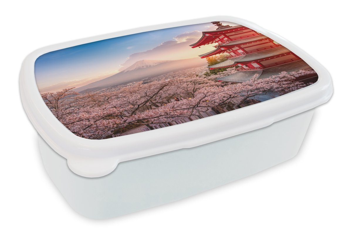 MuchoWow Lunchbox Pagode - Sakura - Fuji - Blütenzweige - Japan, Kunststoff, (2-tlg), Brotbox für Kinder und Erwachsene, Brotdose, für Jungs und Mädchen weiß