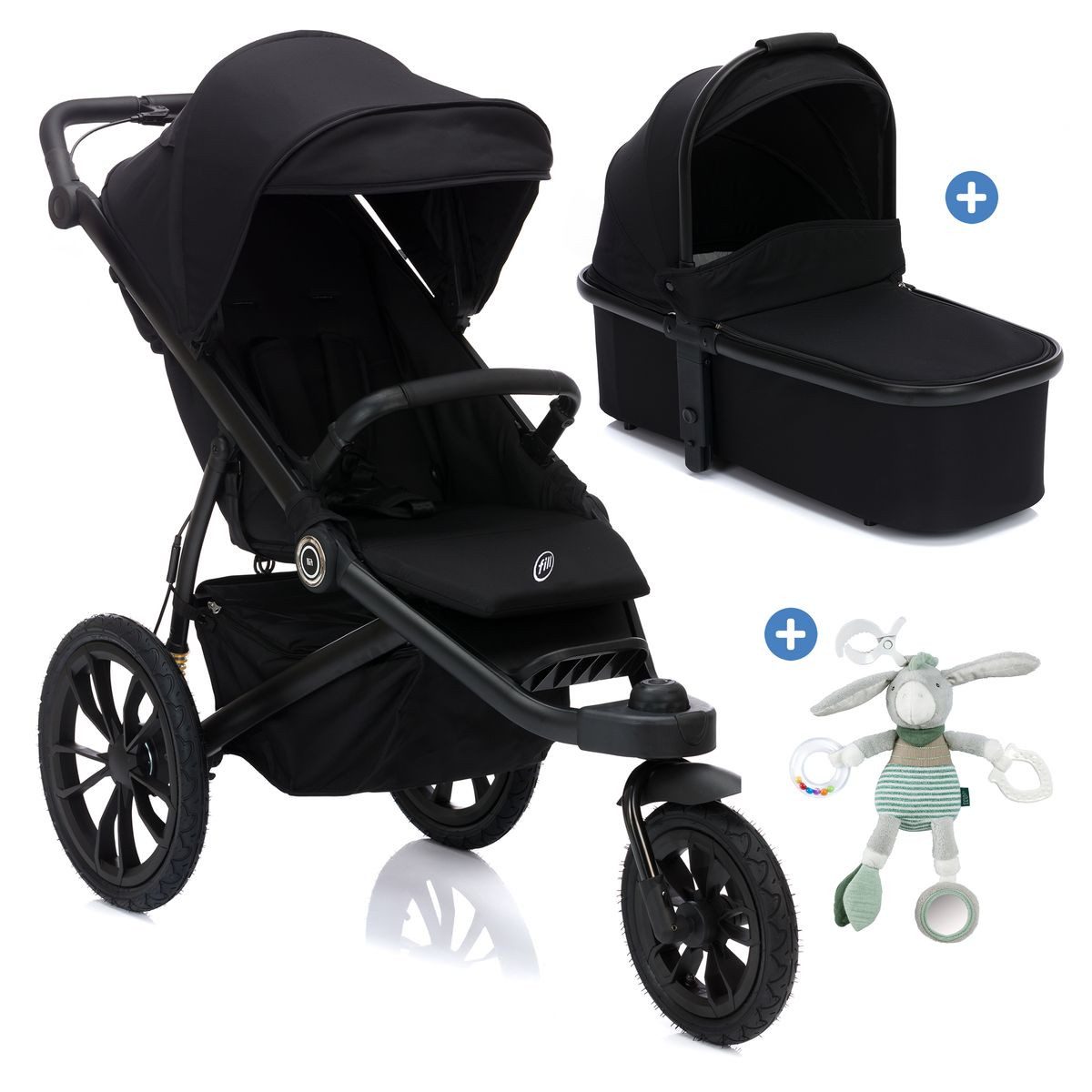 Fillikid Kombi-Kinderwagen Run - Schwarz Melange, Jogger & Sportwagen mit Babywanne, Lufträder & Handbremse - bis 22 kg