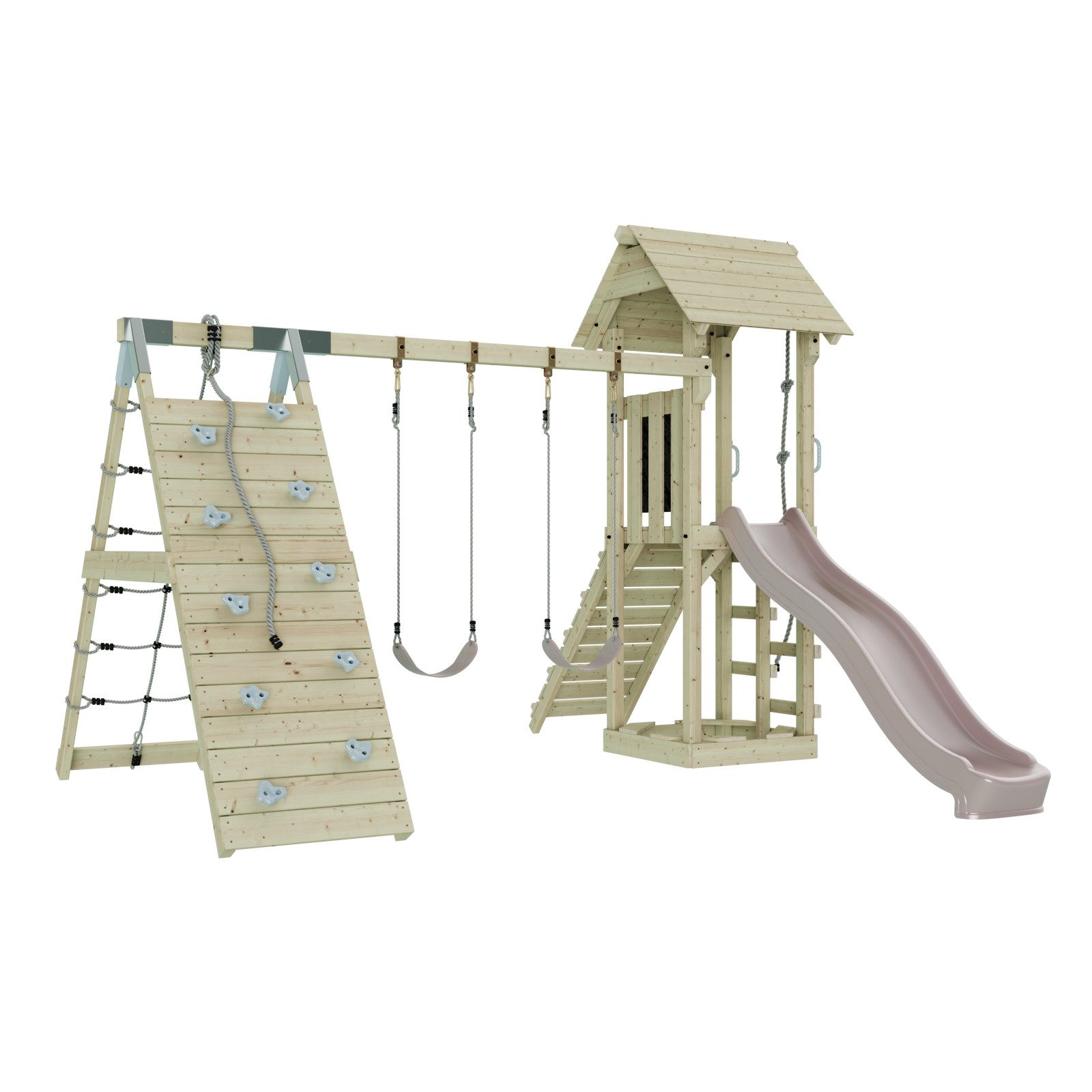 OutdoorToys Spielturm Kiruna, aus Holz in Altrosa mit Kinderschaukel & Rutsche, Kletterwand