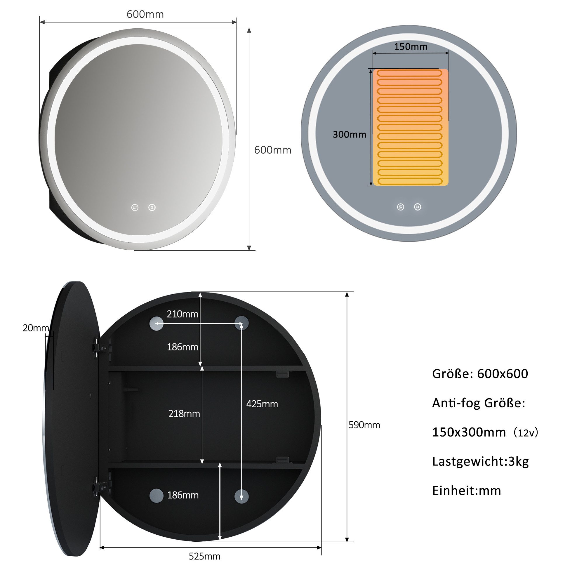 WDWRITTI Spiegelschrank Metall Rund 80cm 60cm Badezimmerspiegelschrank mit LED 3Lichtmodi (Wandschrank Hängeschrank Schwarz, Helligkeit dimmbar, Anti-fog, Speic – Bild 4 von 5