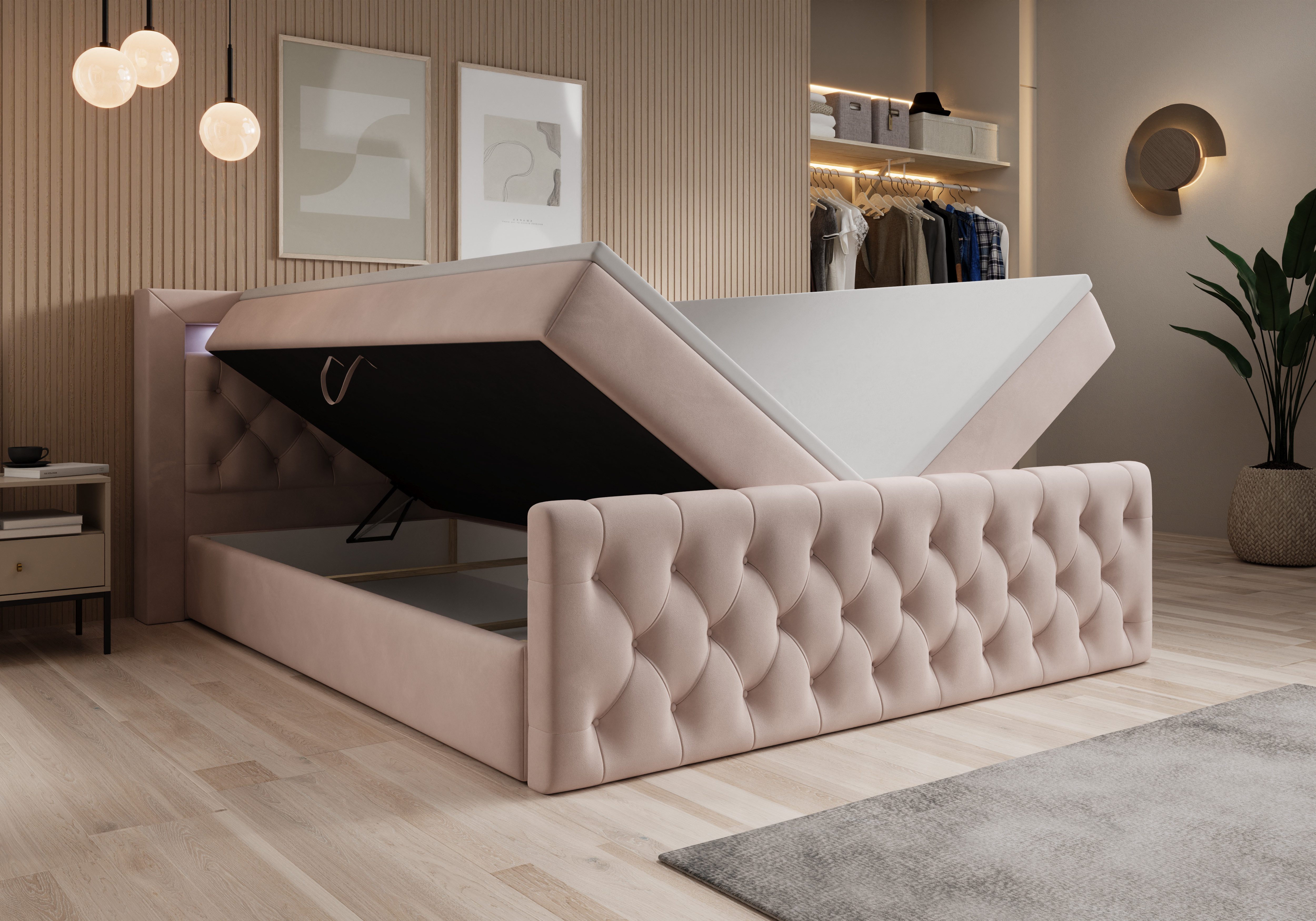 thematys Boxbett LED mit Bettkasten 140x200–200x200 cm – Velours oder Bouclé Bezug – (Polsterbett Bonnellfederkern Matratze H3 + Gratis 3cm Topper, Boxbett - Luxus Doppelbett mit Stauraum und LED)