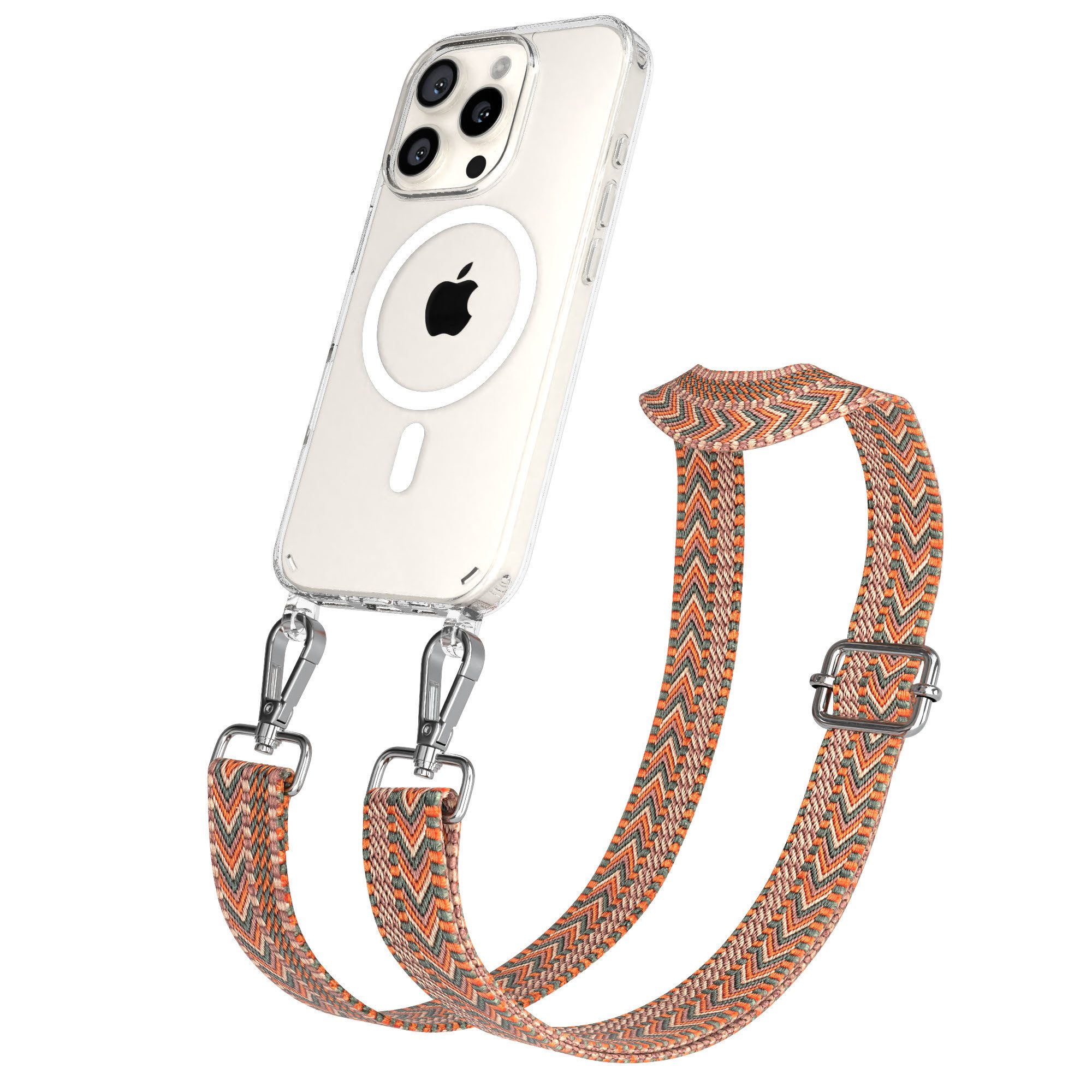 EAZY CASE Handykette Umhängeband MagSafe Hülle für Apple iPhone 16 Pro 6,3 Zoll, schmaler Gürtel Kordel transparenter Silikonhülle Umhängetasche Orange