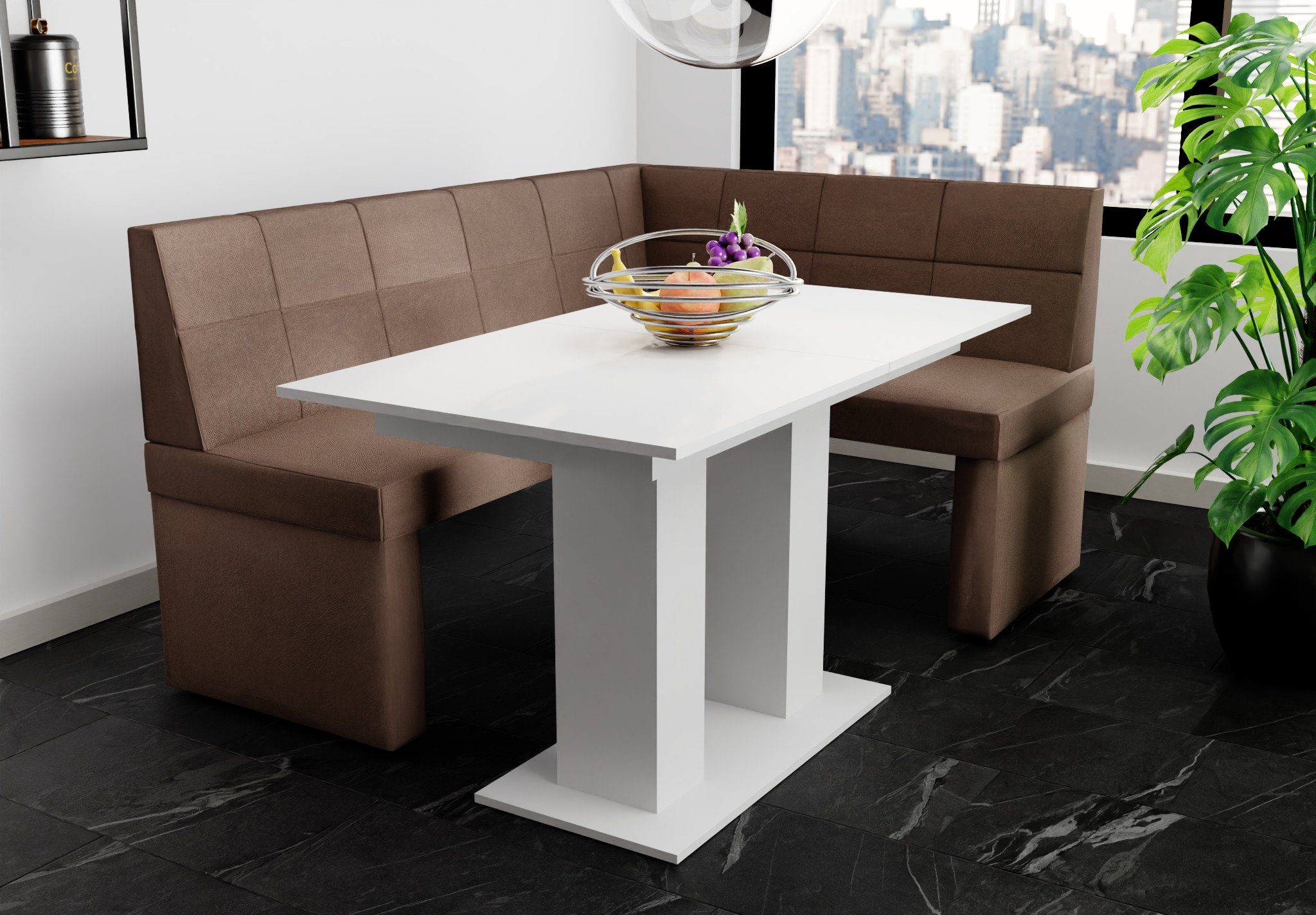 Fun Möbel Eckbankgruppe Eckbankgruppe „BLAKE XL“ Größe 196x142cm mit Tisch Weiß matt, ausziehbarer Tisch