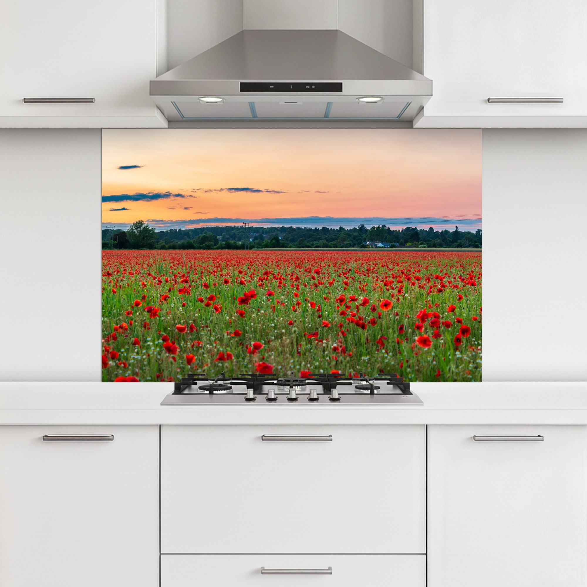 KitchenYeah Küchenrückwand selbstklebend (keine Folie) Mohnblumen - Landschaft - Rot - Blumen, (1-tlg), Spritzschutz Küchenrückwand, Wandschutz, 120x80 cm