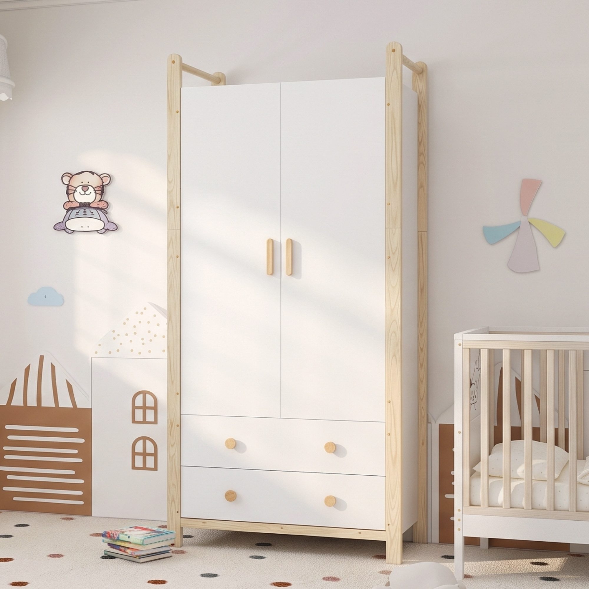 Ulife Kleiderschrank 90×45×180 cm, 2-türiger, mit Kleiderstange, 2 Schubladen (2-St) Flurgarderobe geeignet, aus Spanplatte, weißer Körper + Kieferrahmen – Bild 4 von 5