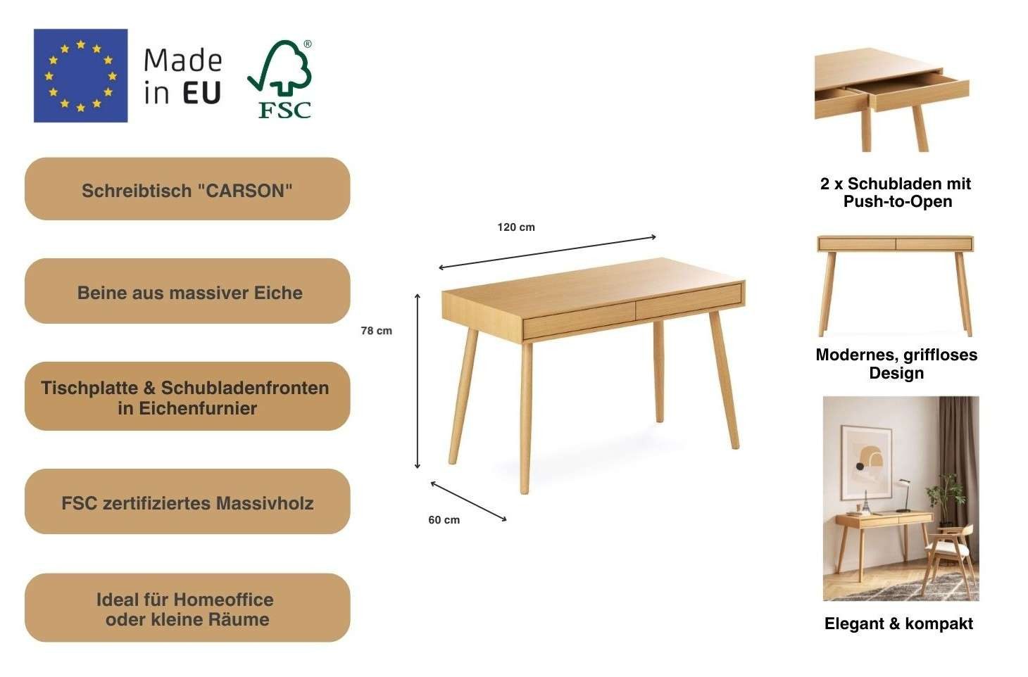 Woodman Schreibtisch Carson (120/60/78), Breite 120 cm, Schubladen mit Push-to Open, FSC®