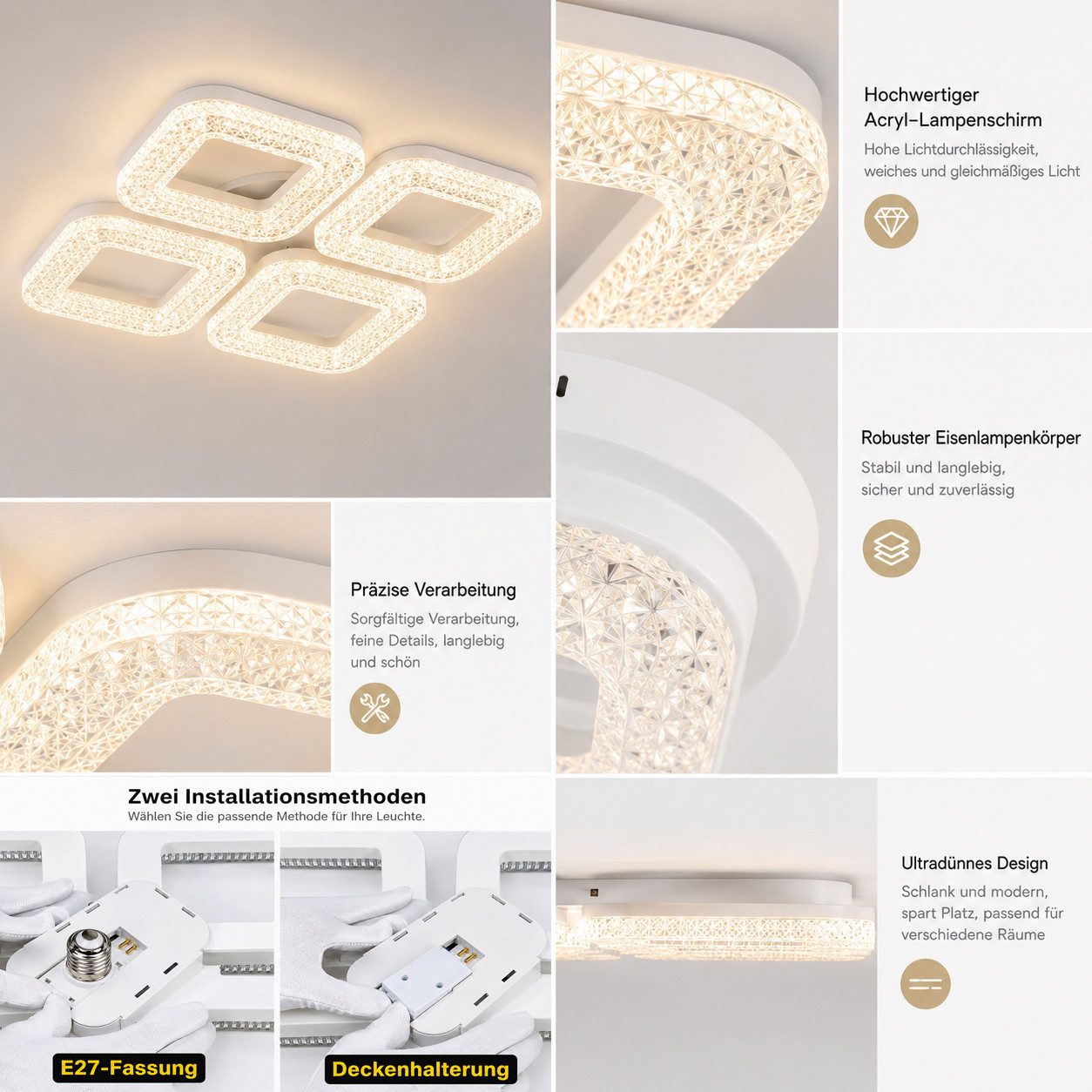 Eurohandisplay LED Deckenleuchte LED Deckenleuchte dimmbar mit Fernbedienung, stufenlos 3000–7000 K, LED fest integriert, Warm- bis Kaltweiß, Lichtfarbe und Helligkeit einstellbar