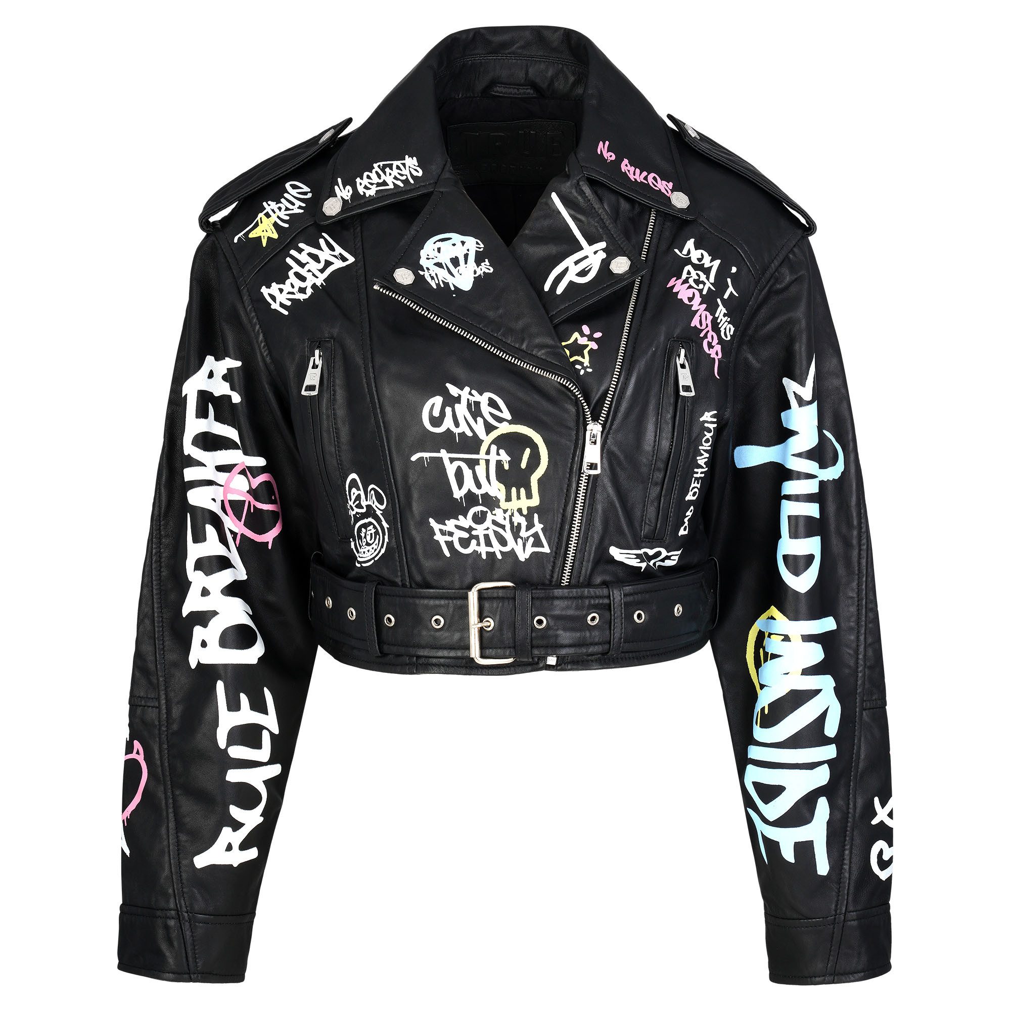 trueprodigy Lederjacke Senra Graffitiprint, Reverskragen und Gürtel