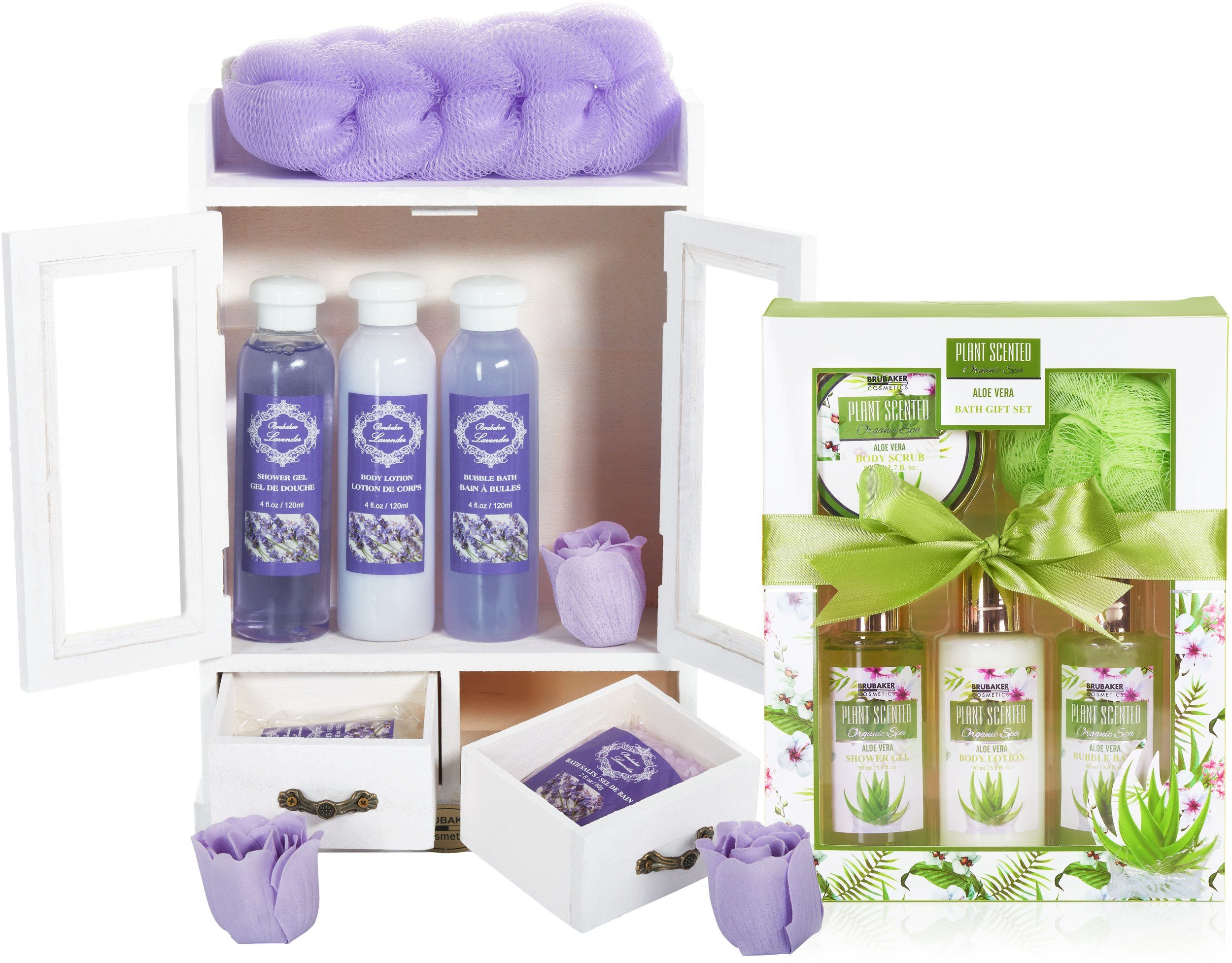 BRUBAKER Pflege-Geschenkset 2 in 1 Pflegeset Lavendel & Aloe Vera - Wellness Set, 15-tlg., Damen Dusch- und Badeset - Frauen Beauty Geschenkset mit Dekoration
