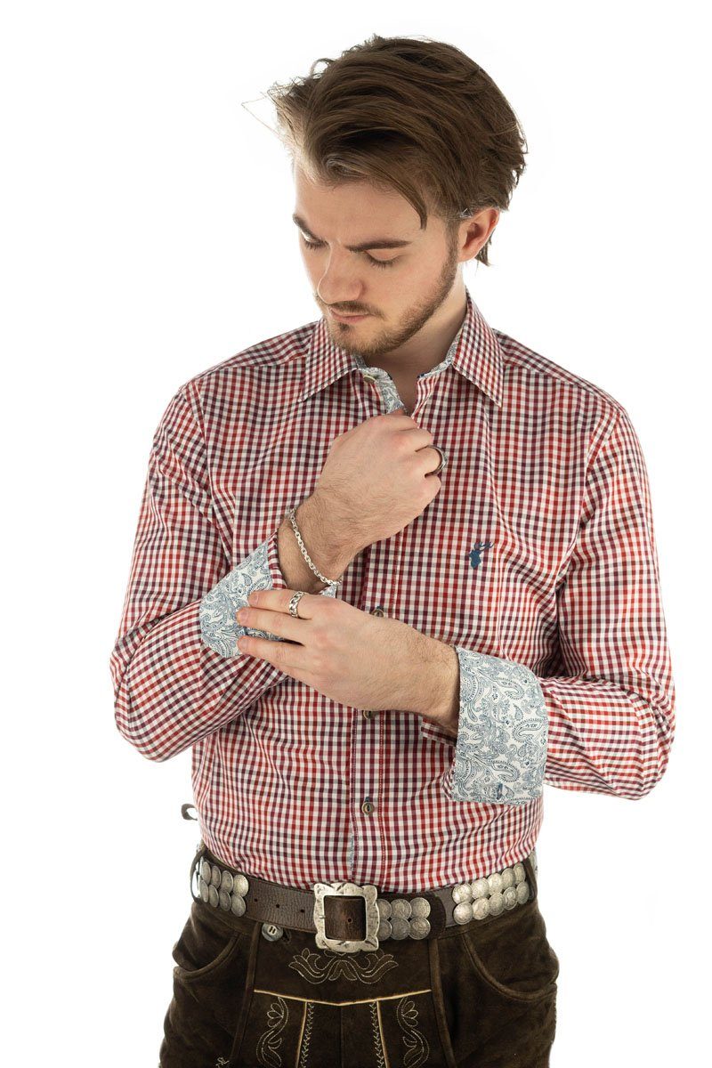 Trachtenhemd Brust der Arkaya Langarmhemd OS-Trachten mit auf weinrot Stickerei